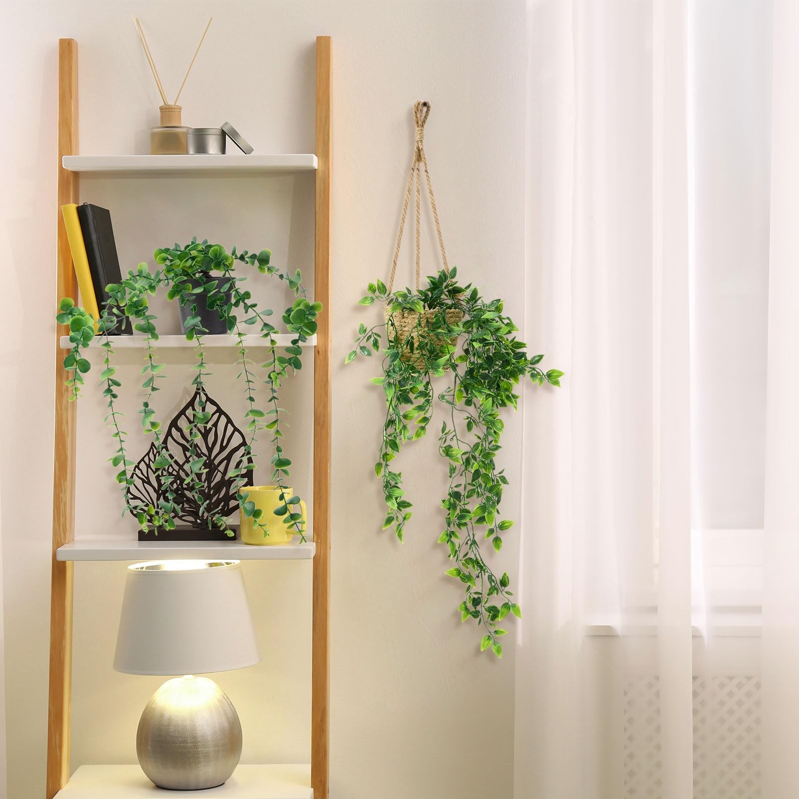 6 Set Mini Fake Hanging Plants with Woven Basket Boho Artificial Ivy Faux Vin…