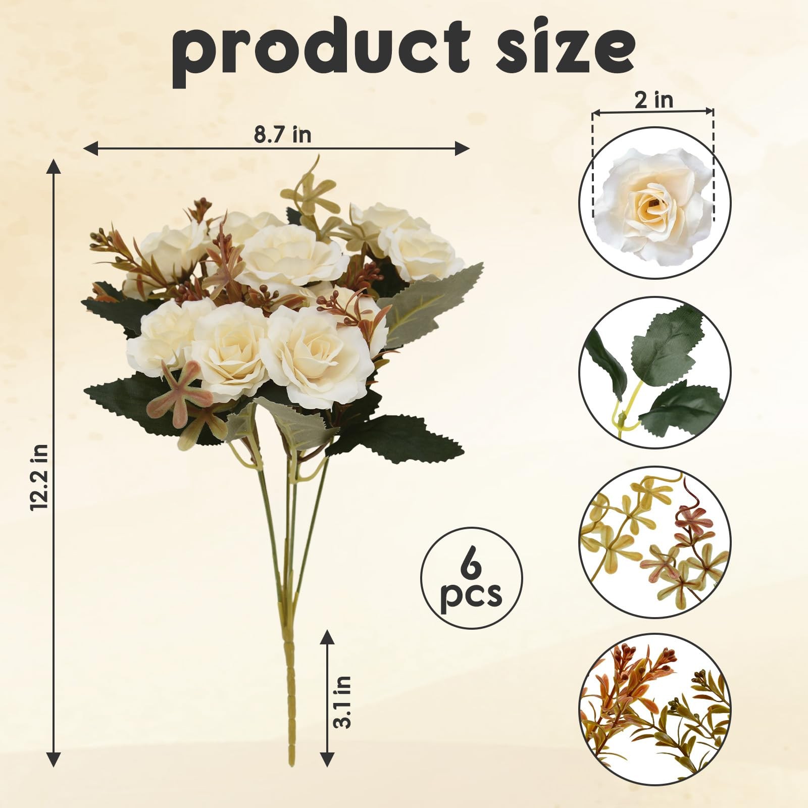 6 PCS White Silk Rose Bouquet 10 Flowers Per Pack Mini Fake Rose Bunches