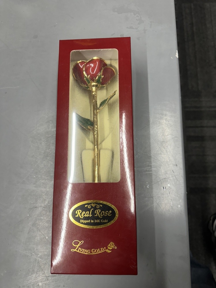 LIVING GOLD REAL ROSE DIPPED IN 24K GOLD RED BOXED Vintage