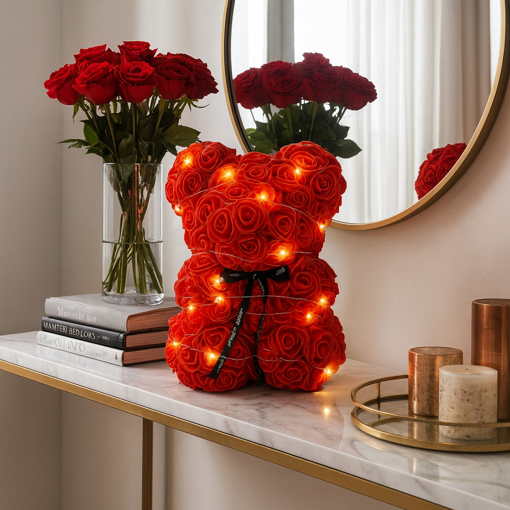 Light Up Foam Rose Bear 25cm w/ Gift Box Ribbon Warm LED Lights Valentine Gift