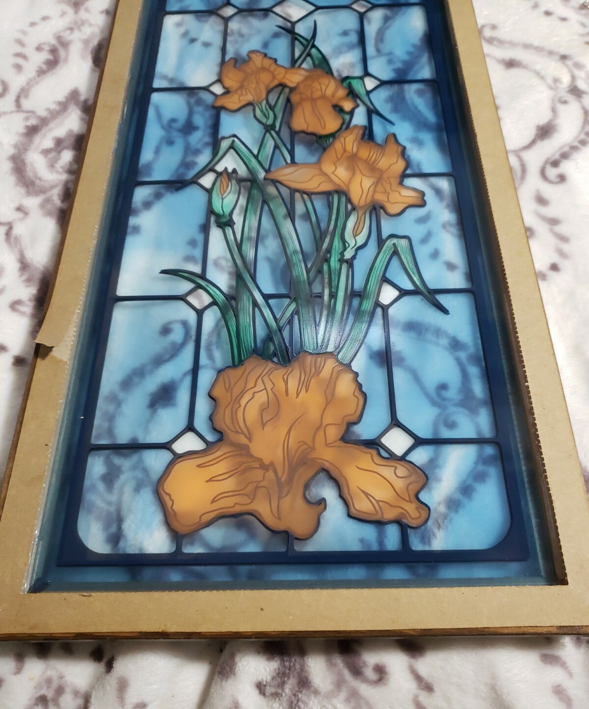 Peach Iris Blue Background Stained Glass Look 23″H x 11.5″W Framed