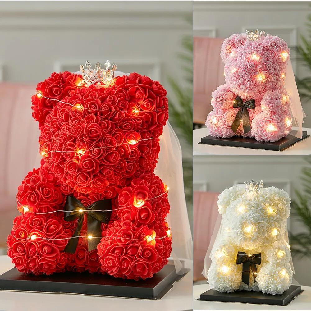 25cm Artificial Teddy Rose Flower Bear with Box Romantic Valentines Day Gift Gir
