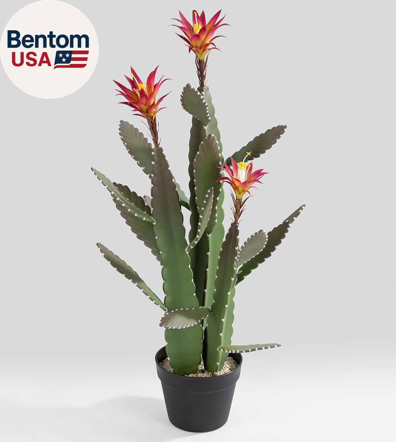 33 Inch Large Artificial Cactus with Magenta Flowers in Pot with Natural Gravel.
