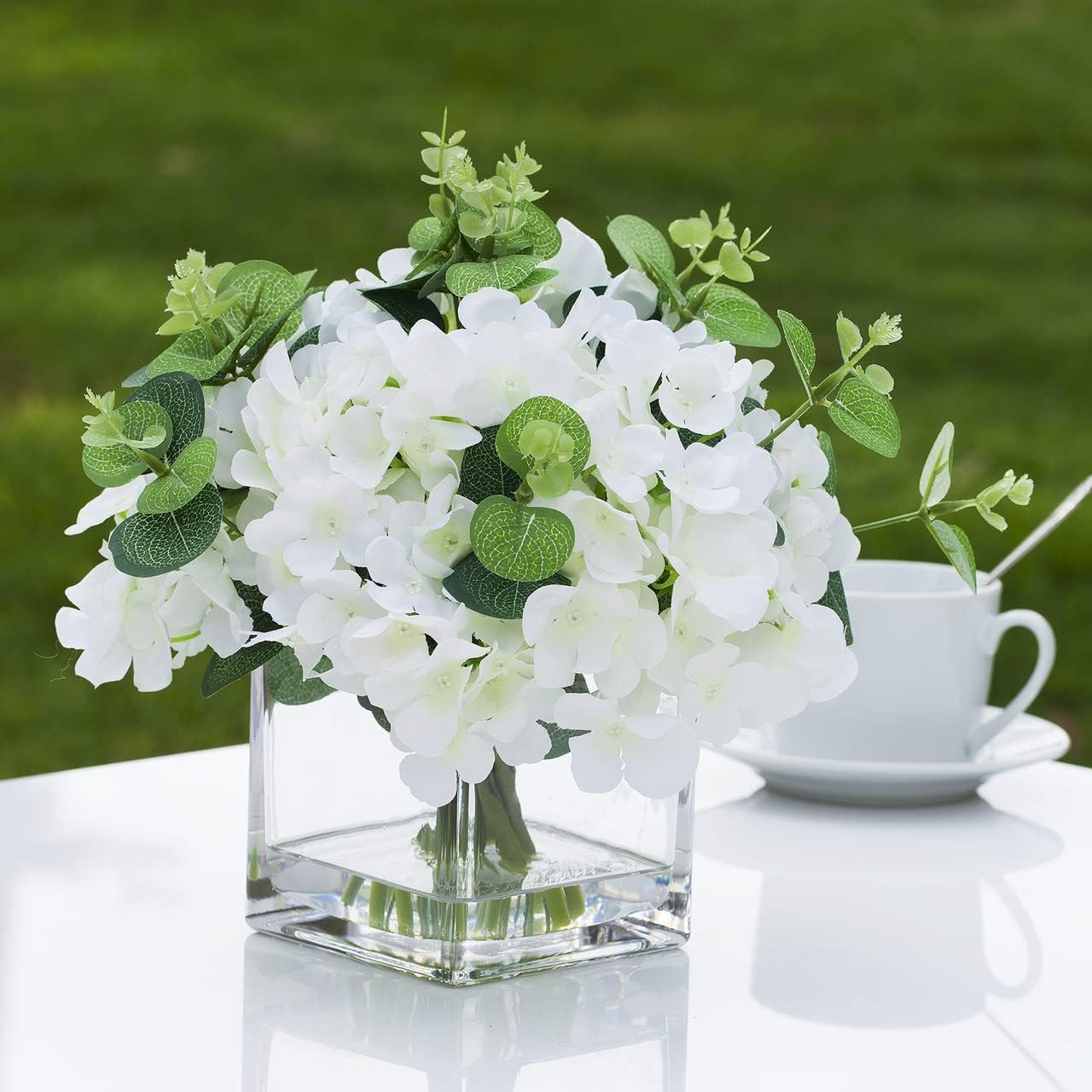 Elegant Silk Hydrangea Arrangement in Faux Water Vase for Home & Weddings