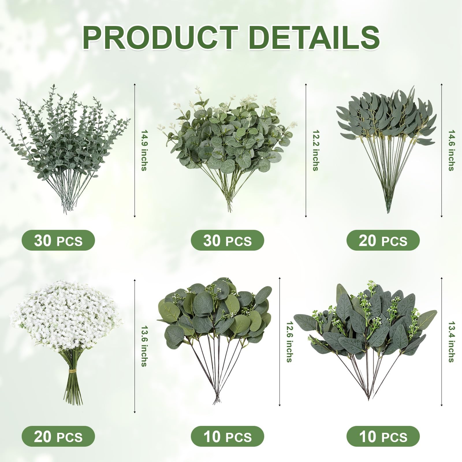 120 Pcs 6 Mixed Eucalyptus Greenery Stems, Baby Breath Flowers Artificial Bul…