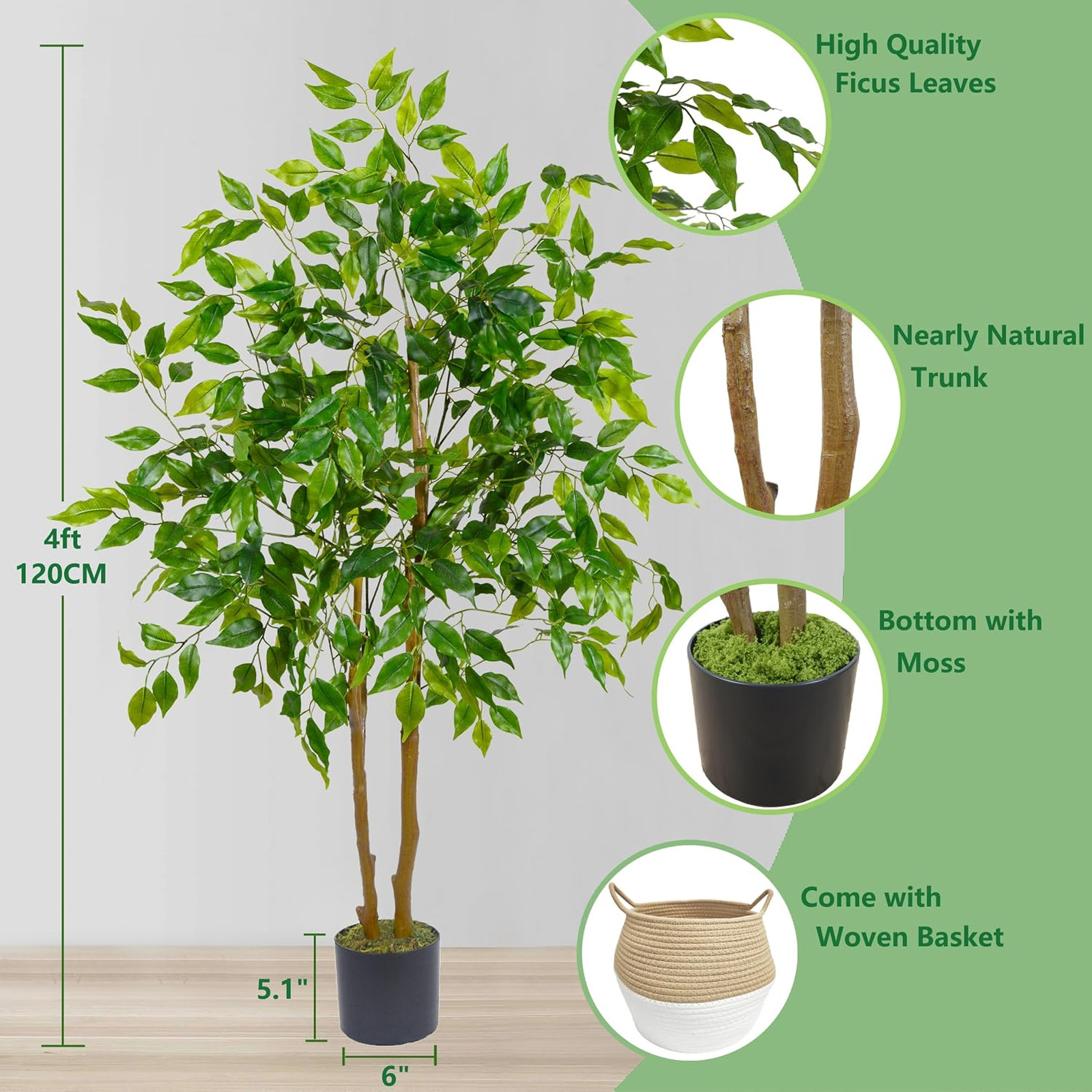 Artificial Ficus Tree, 4ft Tall Fake Plant with Basket, Indoor Outdoor Decor