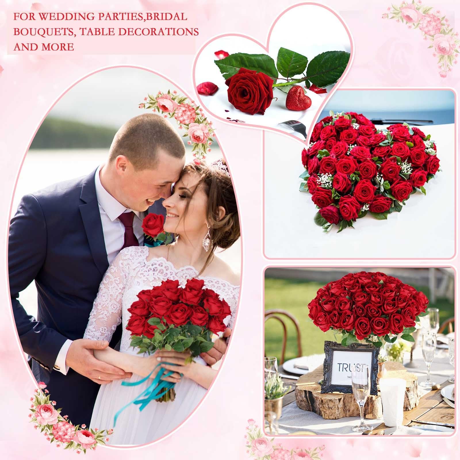 50 Artificial Roses in Bulk, Fake Velvet Silk Burgundy Roses Realistic Red Ro…