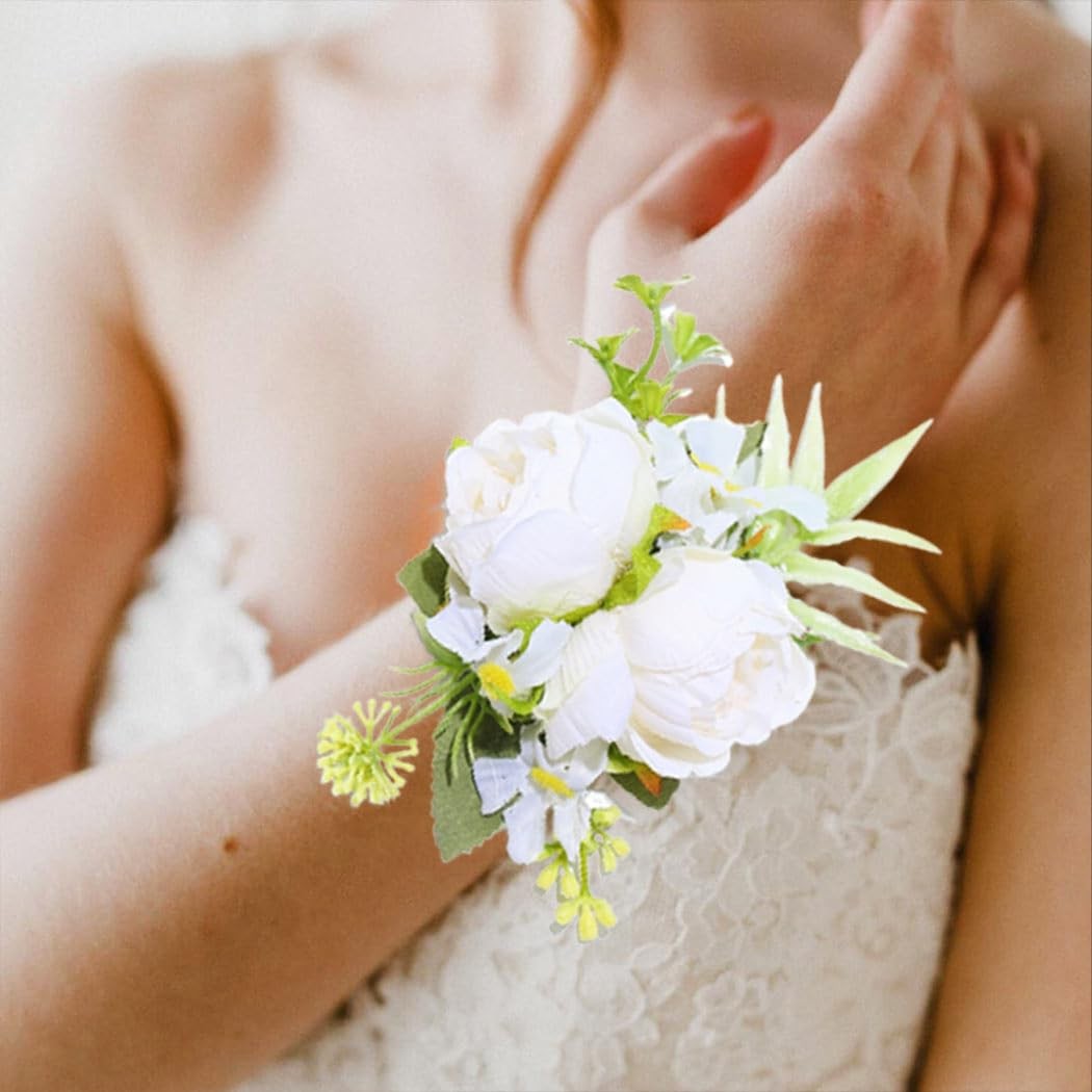 White Wedding Wrist Corsage, Bridal, Prom, Hand Flower, Women, Girls, Fabric