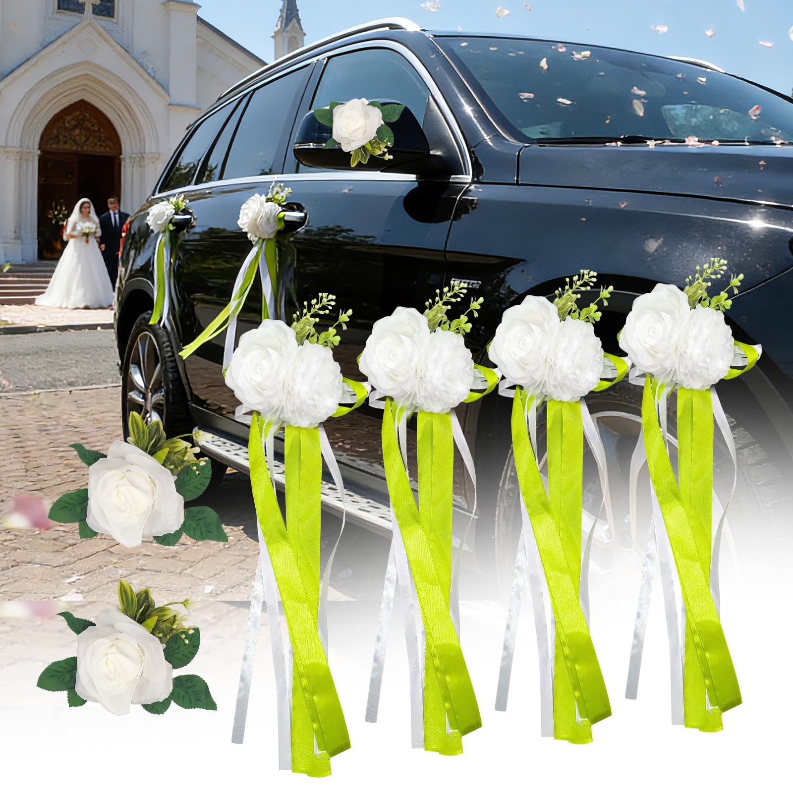 6 PCS White Rose Peony Wedding Car Decor Kit Floral Door Mirror Bows Green