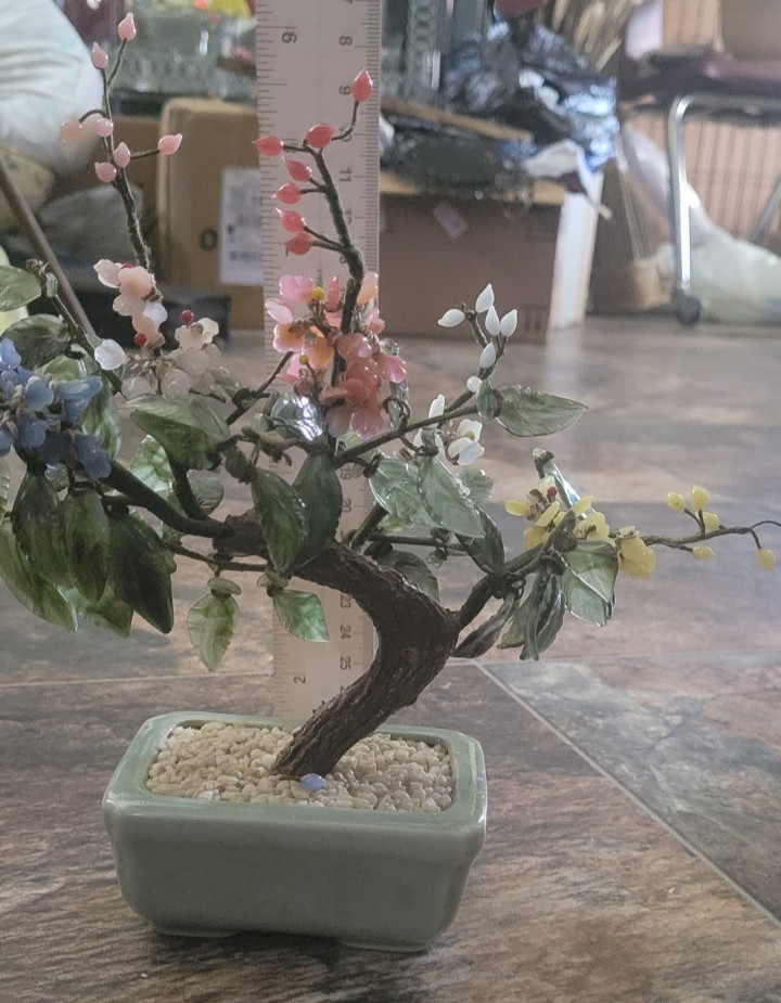 Vintage Chinese Glass Jade Bonsai Tree Celadon Pot Multi Color Flower Marked 9″