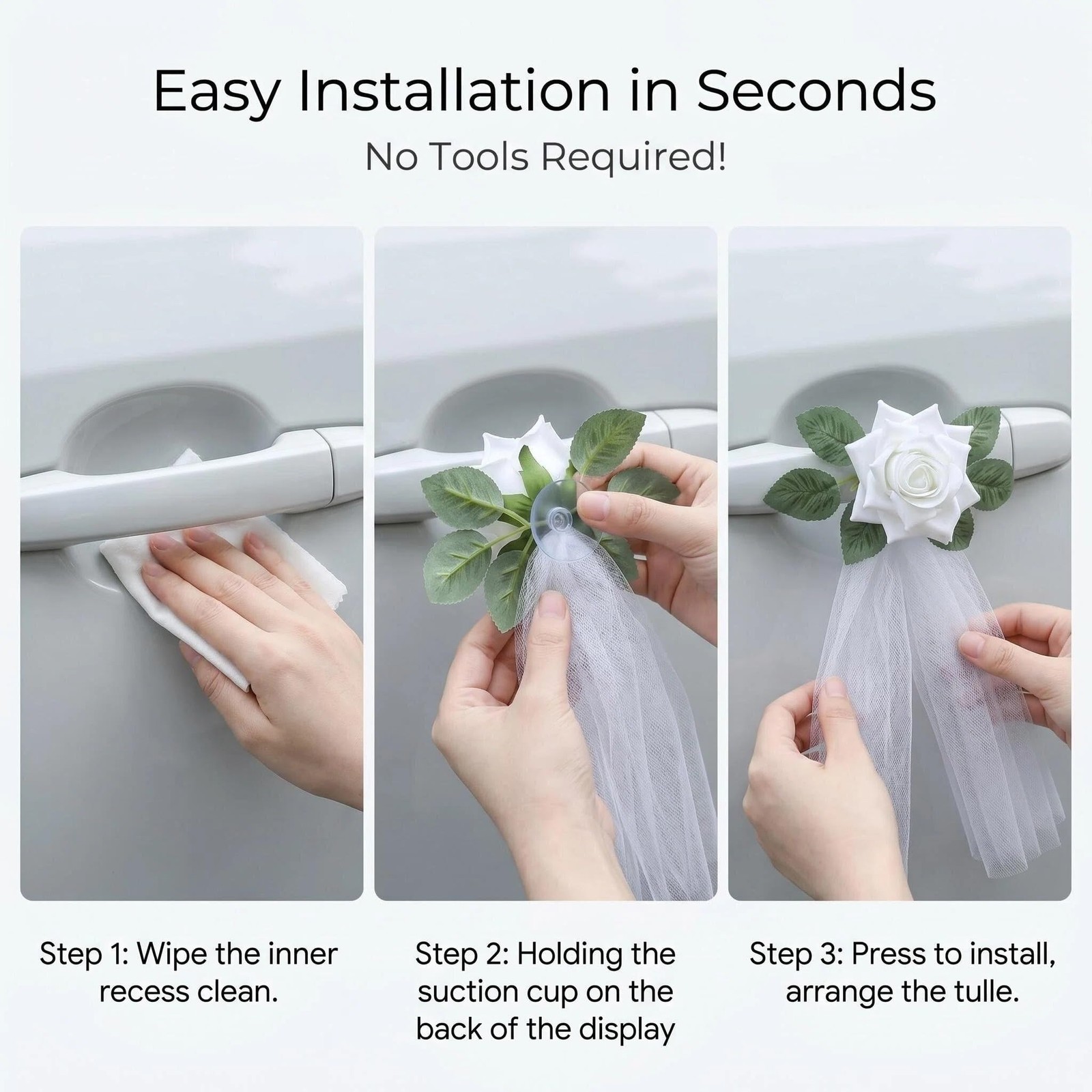 4 PCS White Rose Wedding Car Decorations Door Handle Flowers 4.7 Inch Bridal