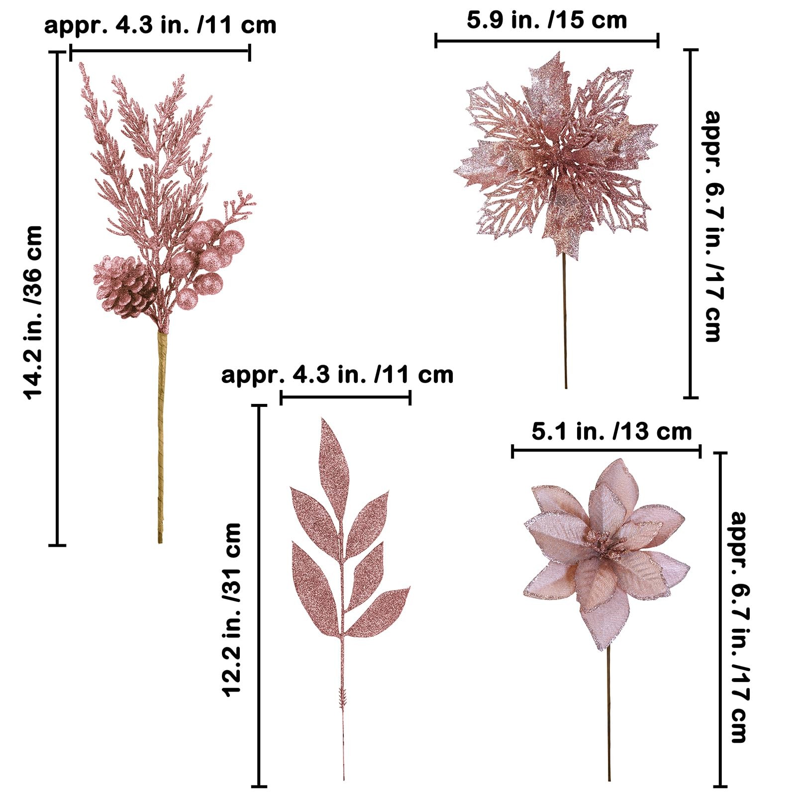 Christmas Artificial Poinsettia Flowers 35 PCS Rose Gold Glitter Floral Picks