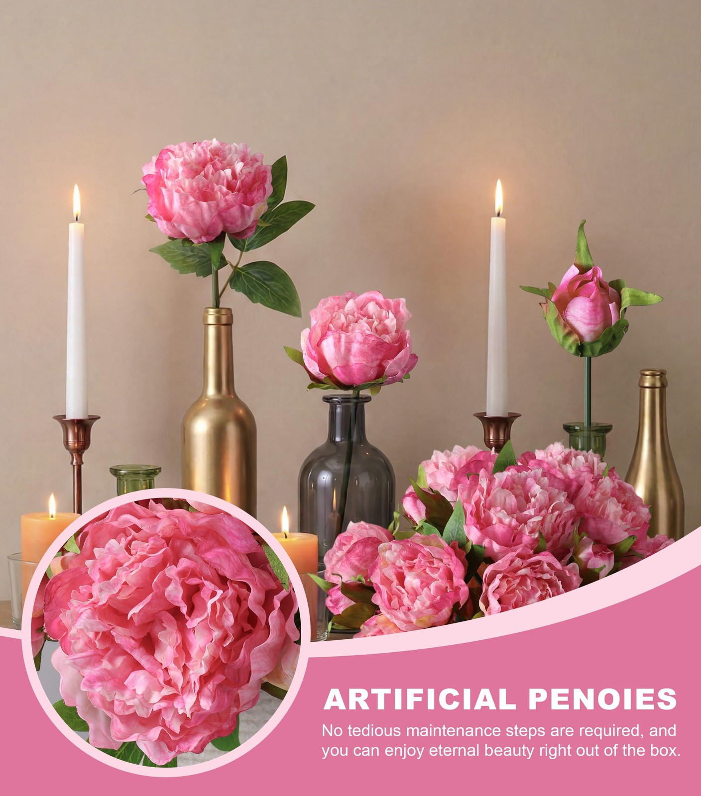 Pink Peony Artificial Flowers – 11 Branches Faux Peonies for Wedding Bouquets…