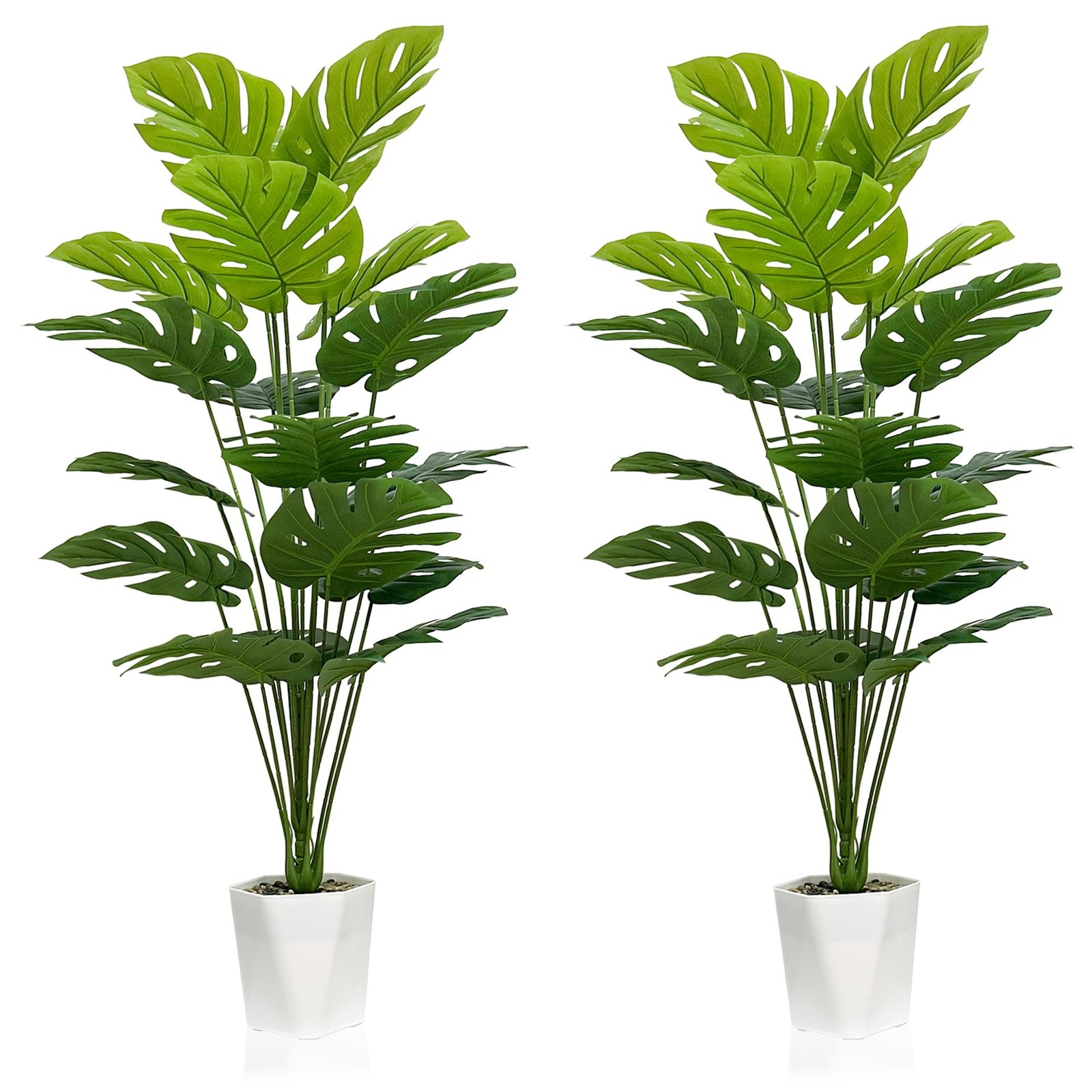 Set of 2 Artificial Monstera Deliciosa Plants in Pots, Fake Tropical Palm Tre…