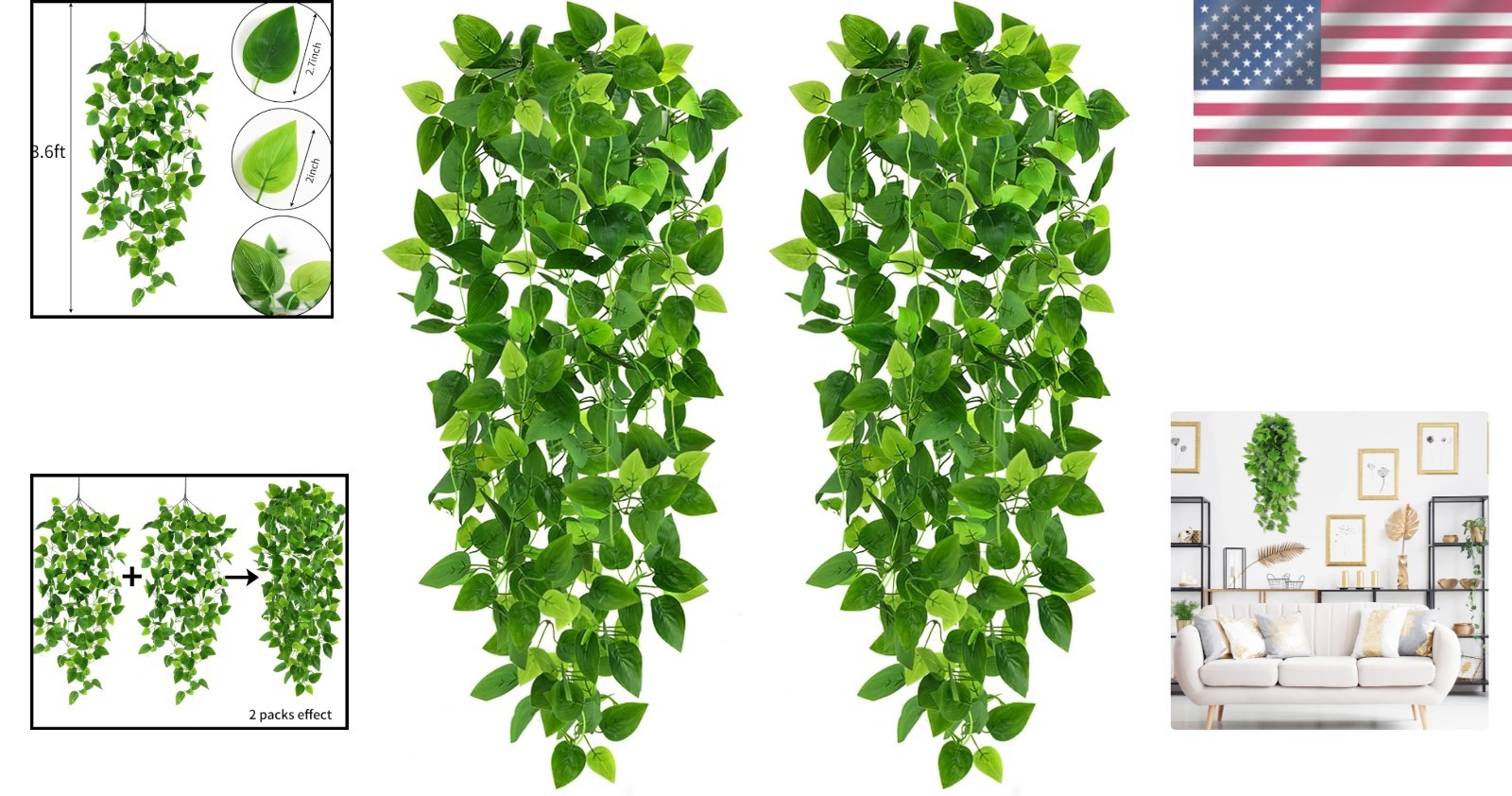 3.6ft Artificial Ivy Hanging Plants – Elegant Indoor & Outdoor Decor (Pack of 2)