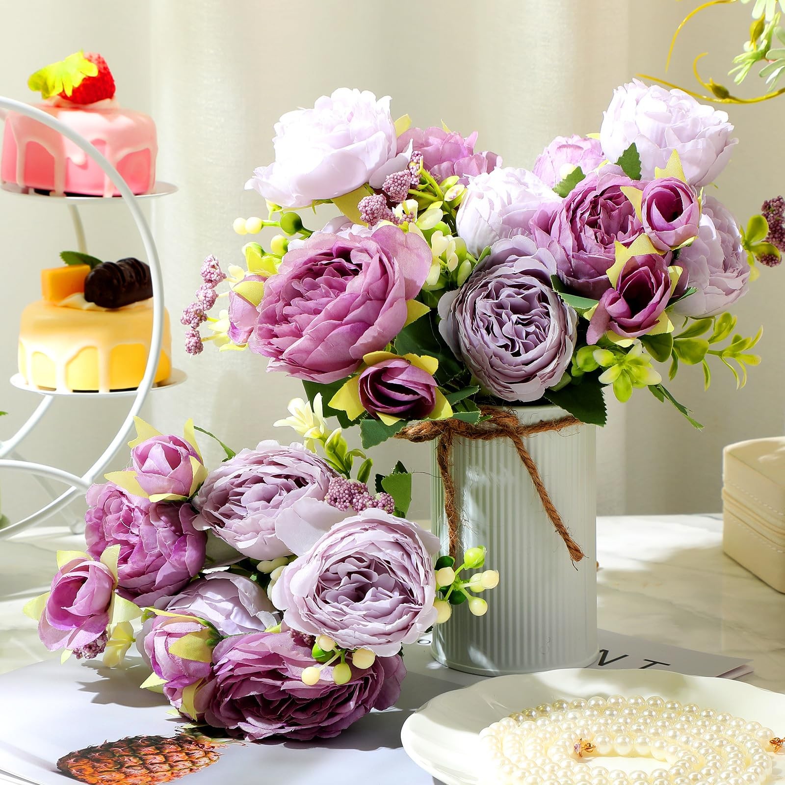 3 Sets Artificial Peonies Flower Peony Bouquet with Galvanized Metal Pot Silk…