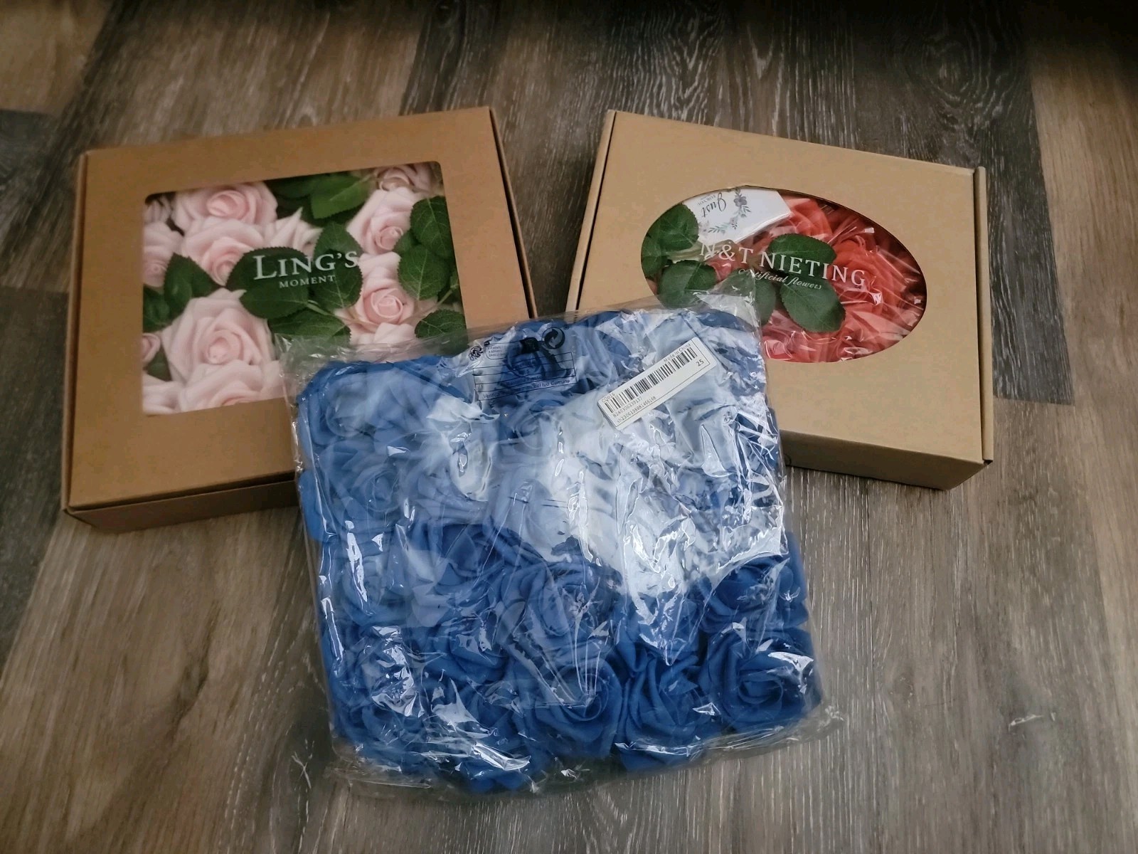 Lot Of 3 Sets~”Real Touch” Roses! New In pkg. Blue, Pink & Orange . 70 Total!