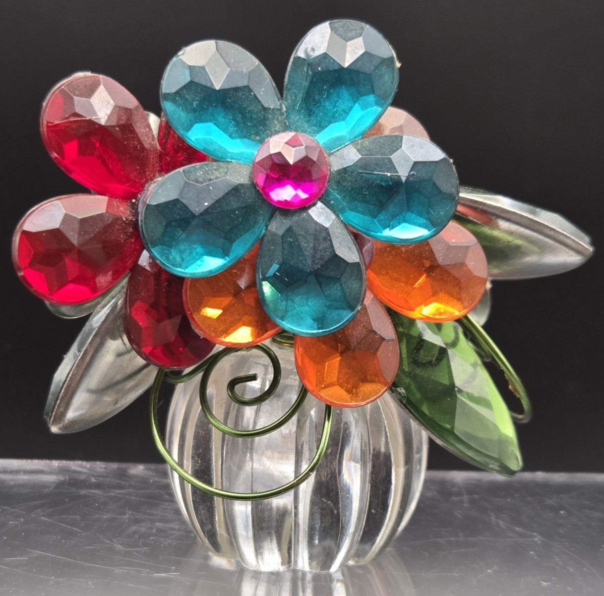 Crystal Expression Ganz 5 Flower Posy Pot Pinks Clear Green Blue Appx 3” Tall