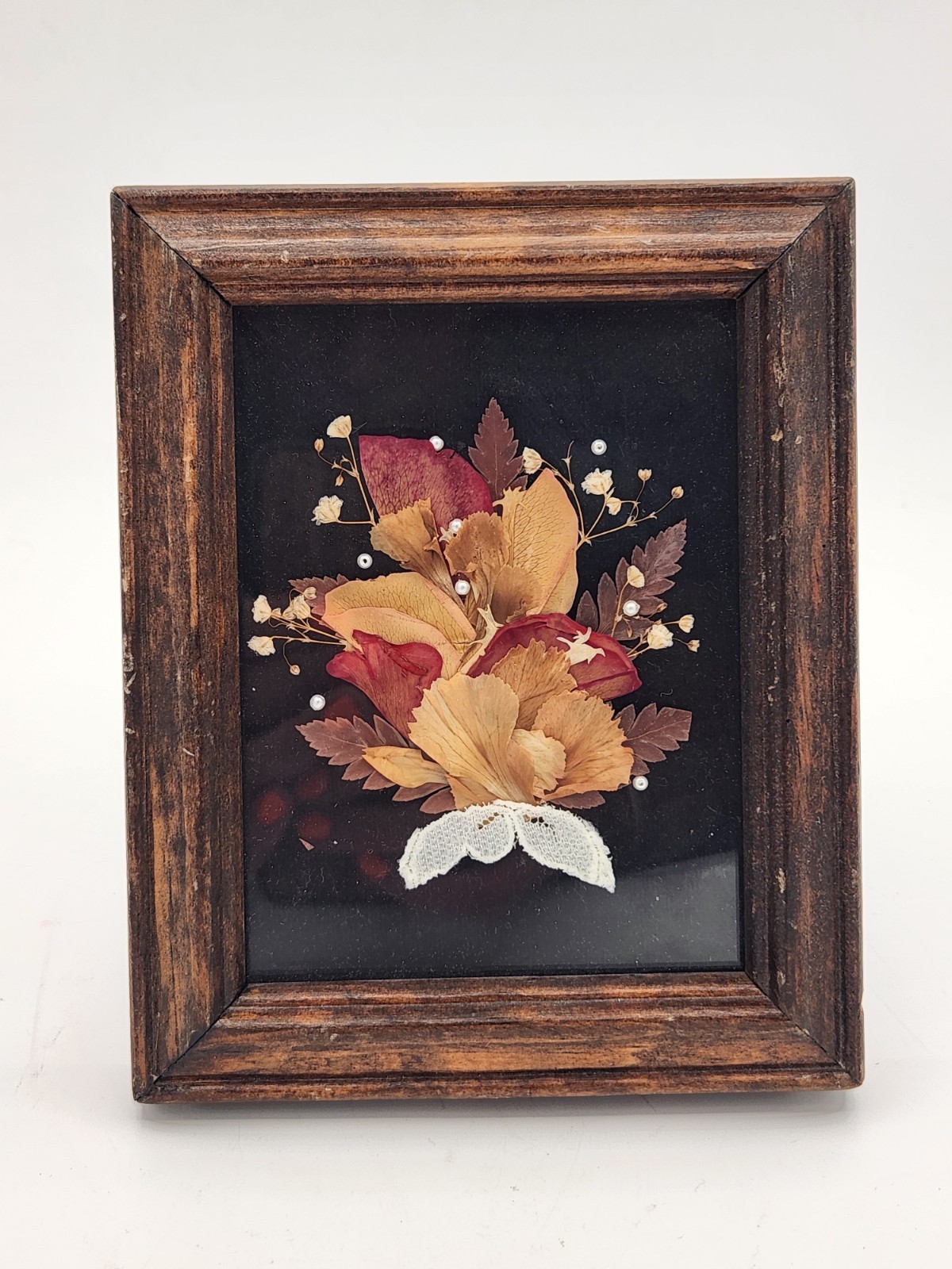 VTG Leonard Creations California Pressed Dries Flowers Wooden Frame Beads Lace
