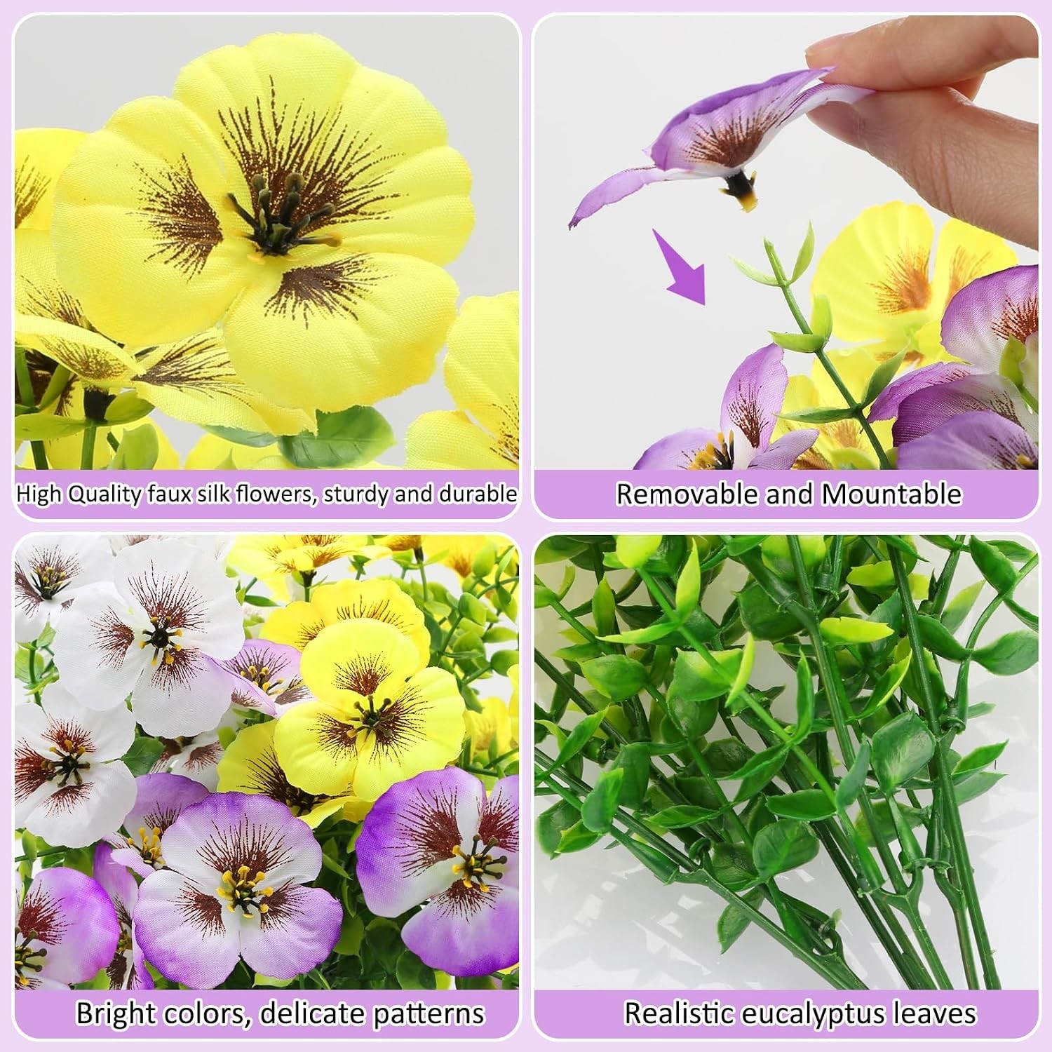 Bright & Beautiful Faux Silk Pansies with Eucalyptus – Perfect for Home Decor