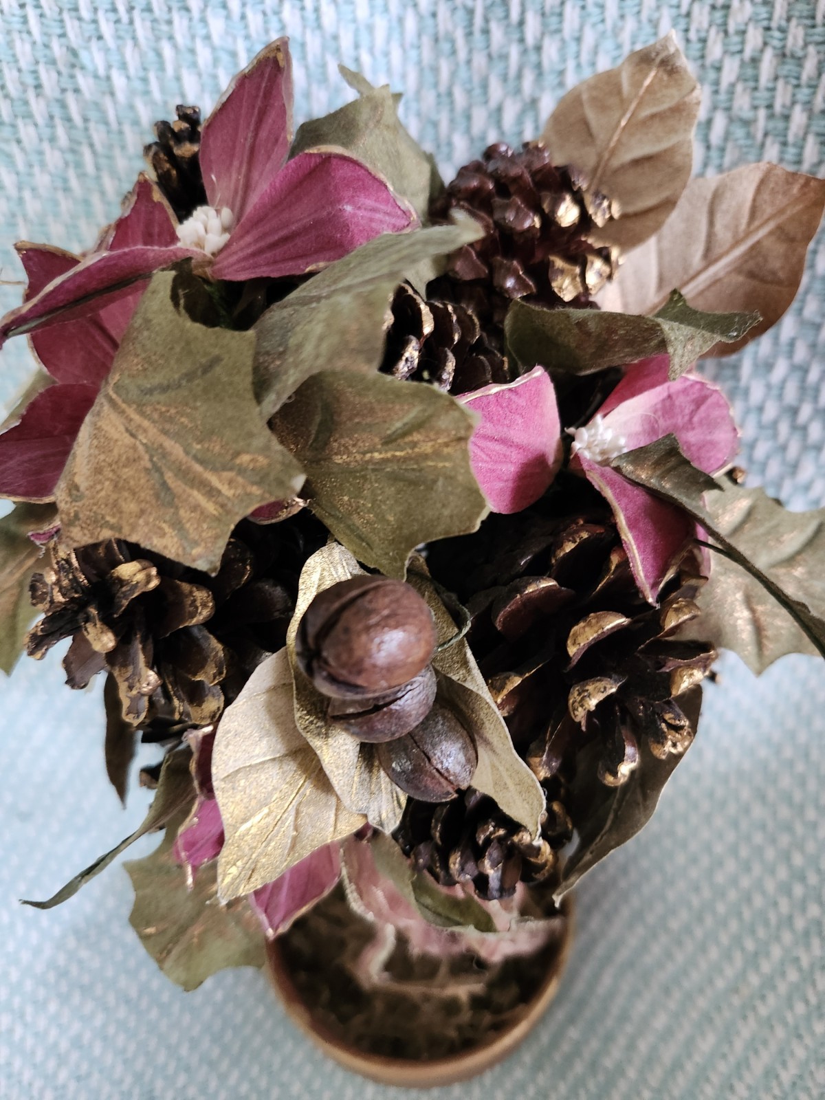Artificial Topiary Tree Pinecones, Leaves, Berries, Mauve & Gold Color 15”