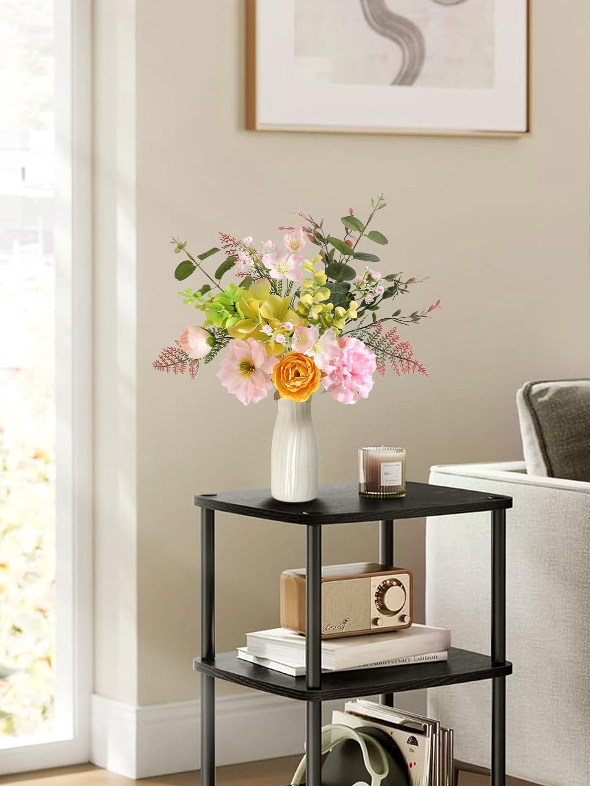 Small 11.8″ Artificial Flowers in Ceramic Vase – Yellow Pink Silk Flower Cent…