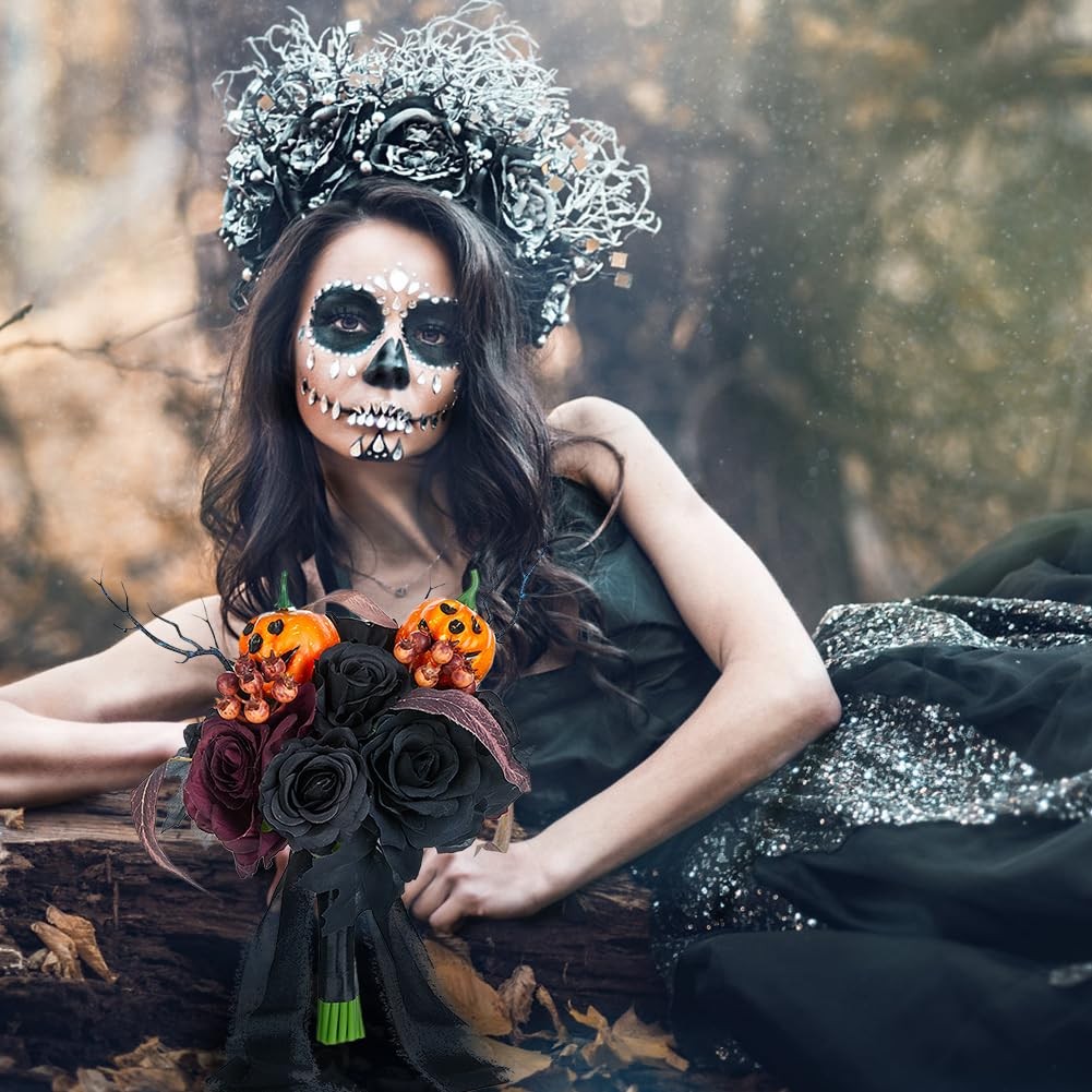 Wedding Bouquets For Bride Bridesmaid Black Burgundy Gothic Artificial Rose