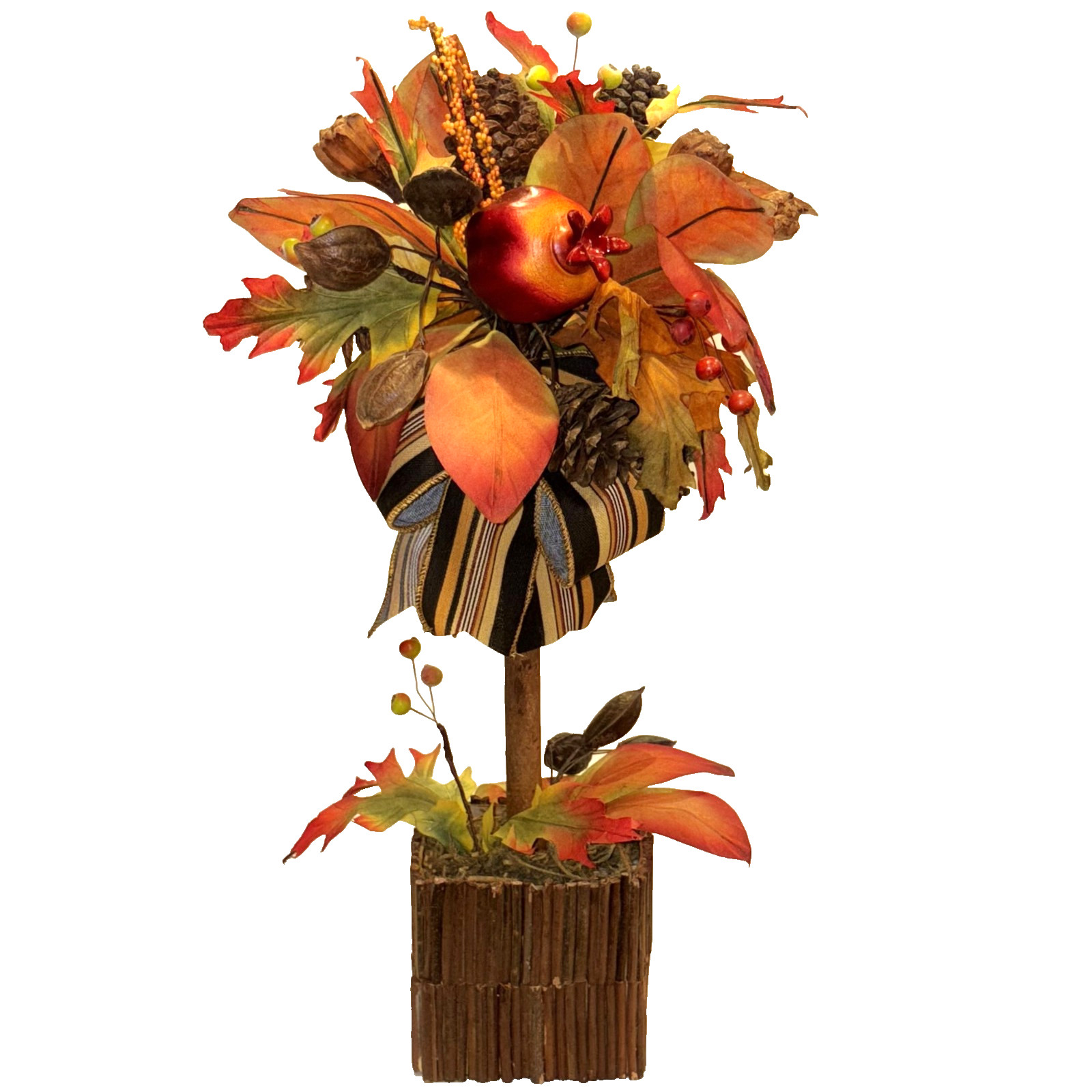 Fall Topiary Tree 20″ Orange Brown Faux Floral Decor Autumn Leaves Fruit Ribbons
