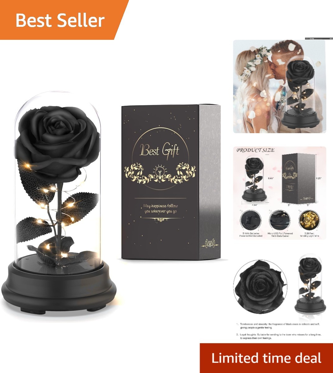 Unique Floral Gift – Light-Up Black Rose in Dome for Birthdays & Anniversaries