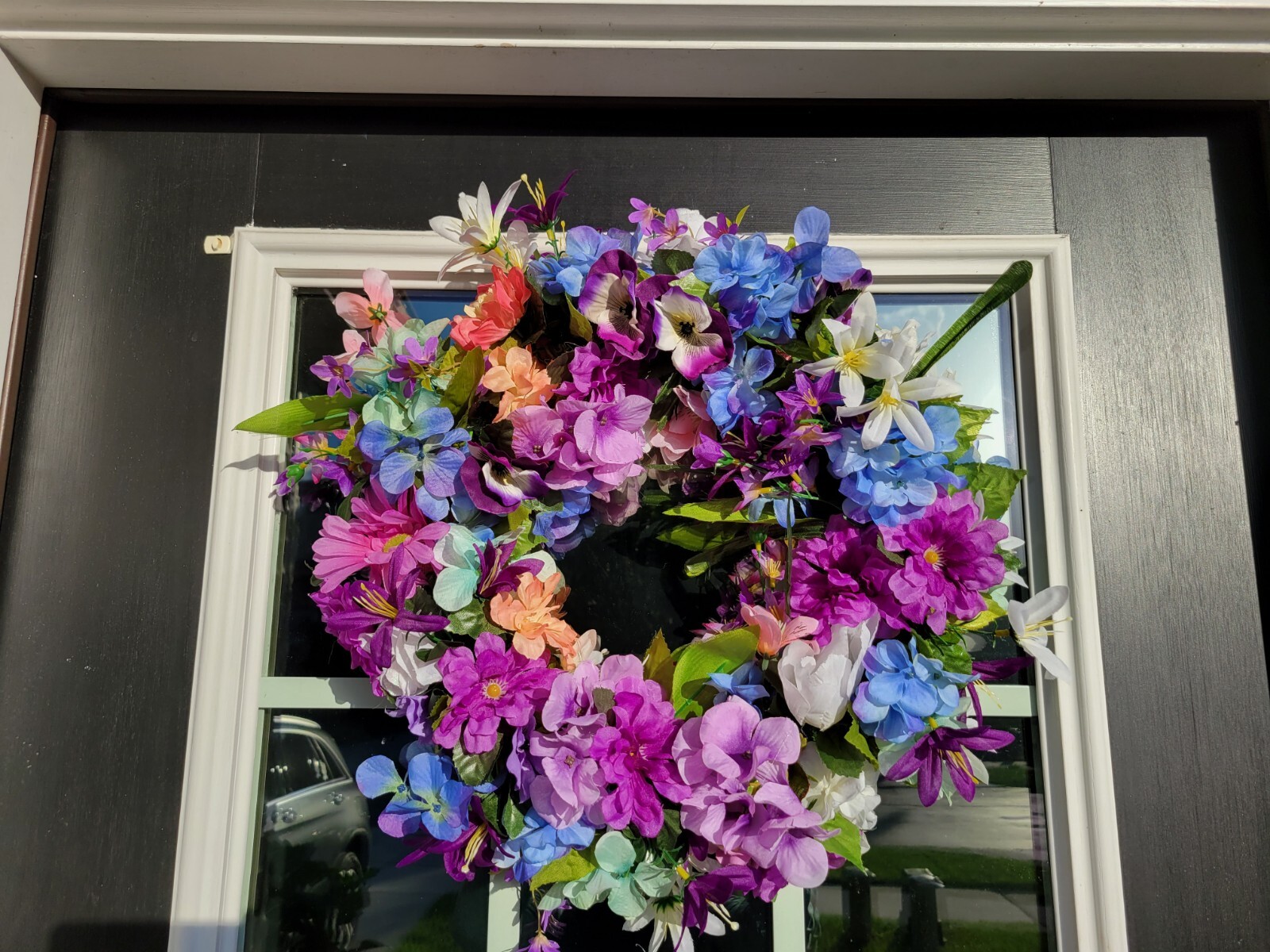 FLORAL one of a kind WREATH flowers Decor Front Door 16″ new pink purple blue