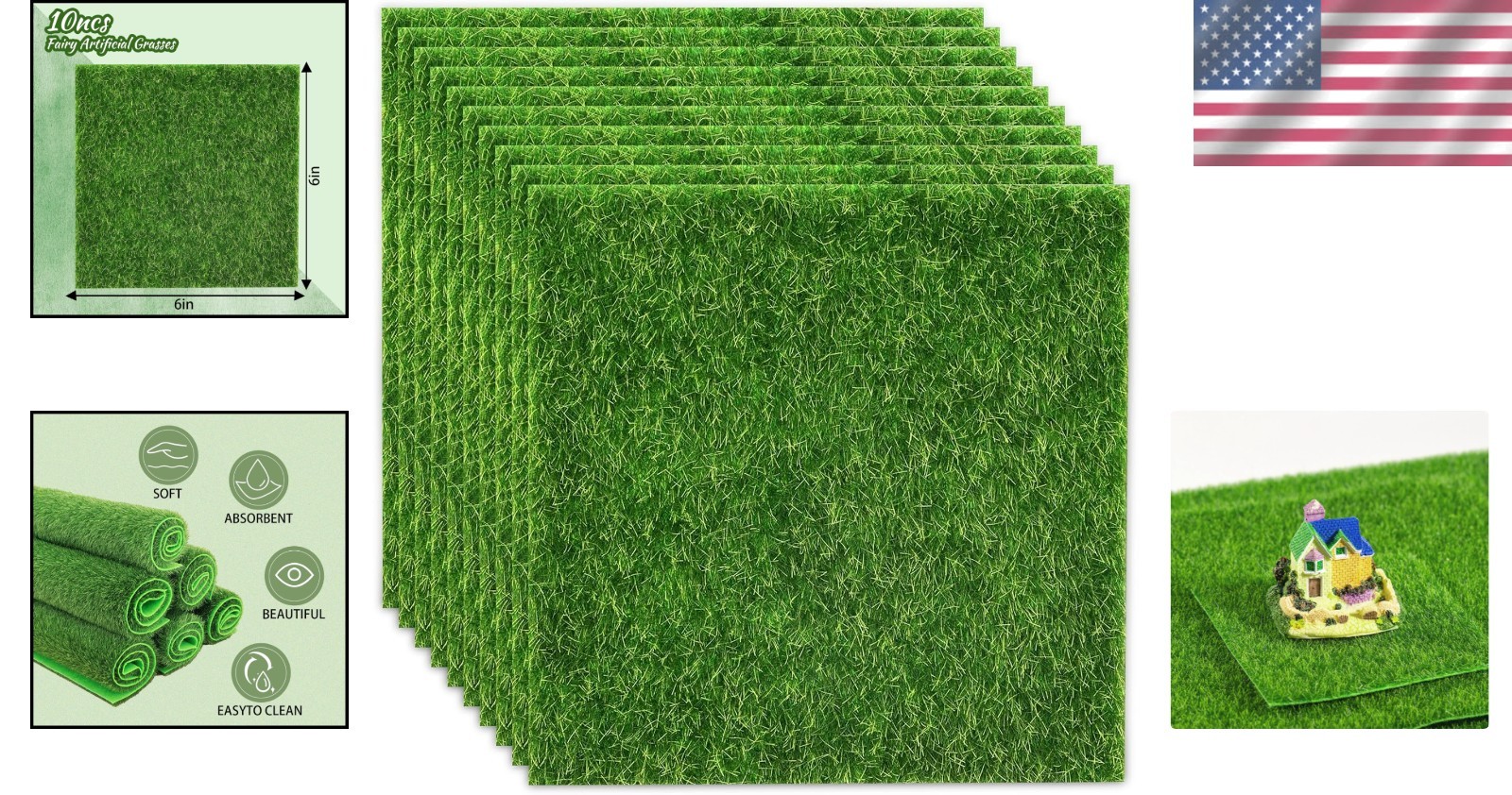 Versatile 10-Pc Set of 6×6 Inch Artificial Grass for Dollhouses & DIY Projects