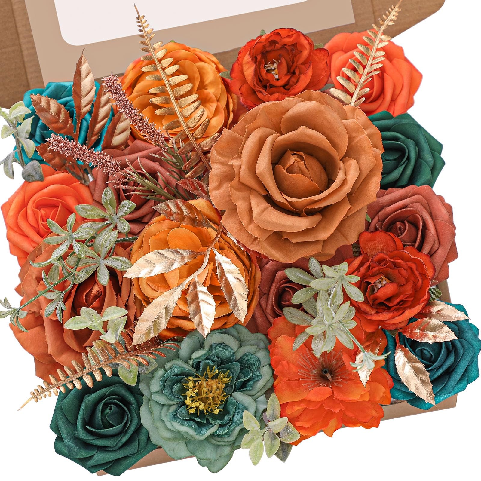 Spring Artificial Flowers Burnt Orange Teal Silk Cake Decor Floral Centerpiece
