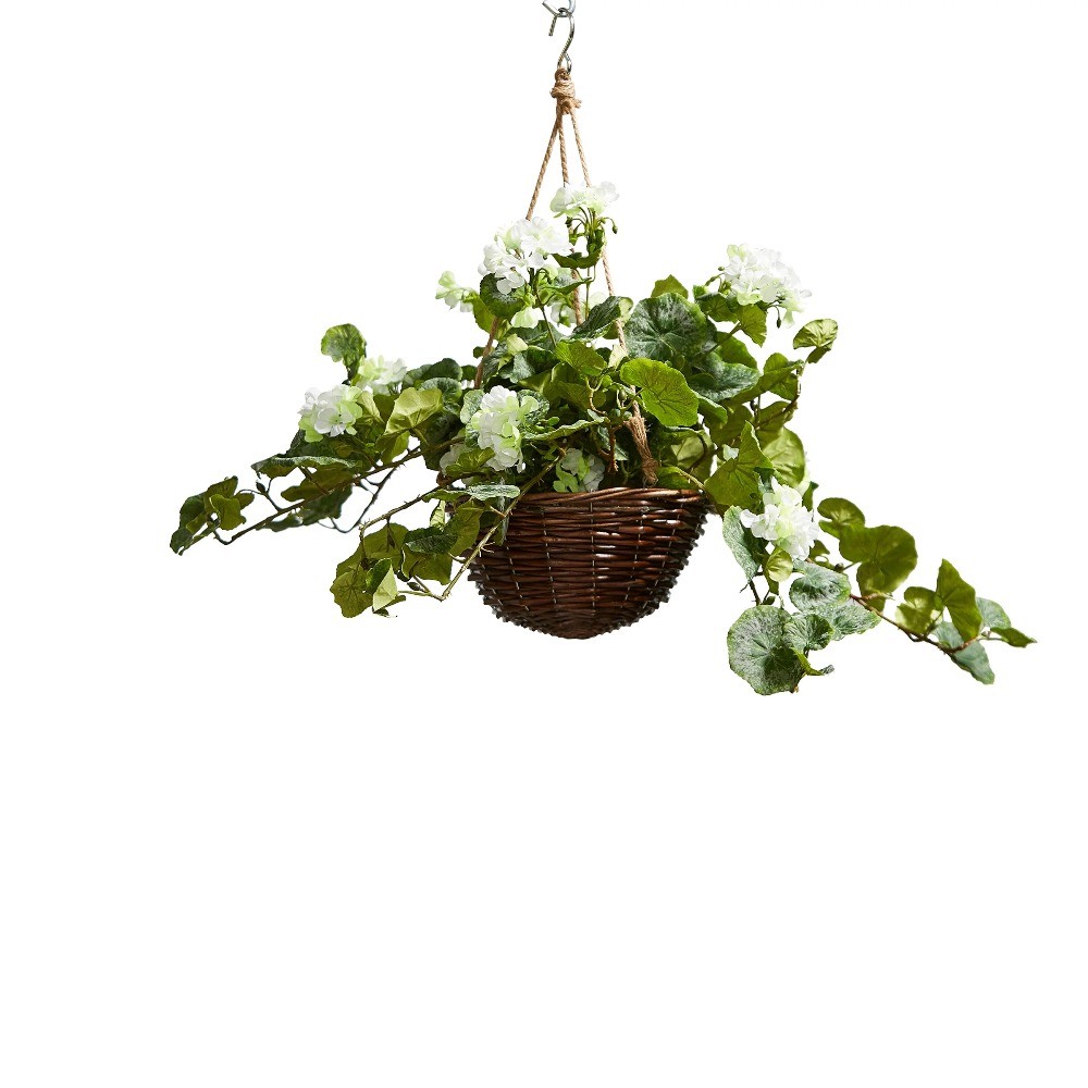 White Geranium Faux Flowers Hanging Basket,Natural & Lifelike Floral Arrangement