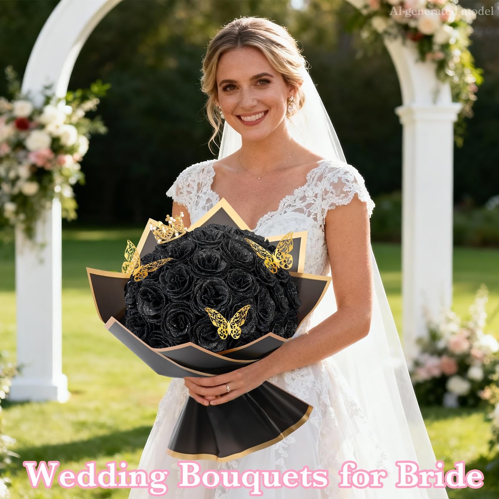 Glitter Black Roses Bouquet – 24 Pcs DIY Fake Flowers for Birthday, Anniversary,