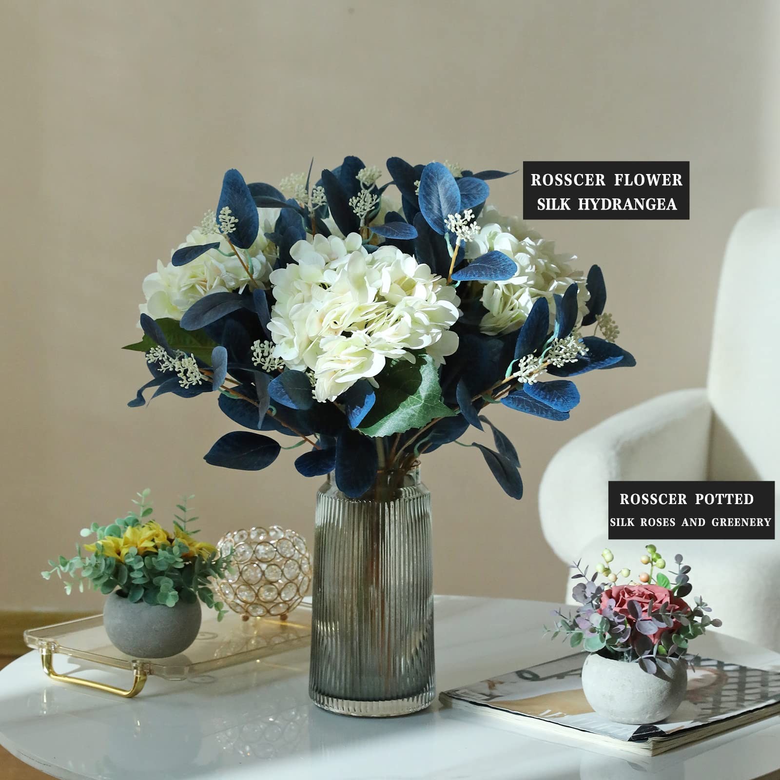 12Pcs Artificial Eucalyptus Stems, 20″ Faux Silk Leaves with Beige Berries Na…