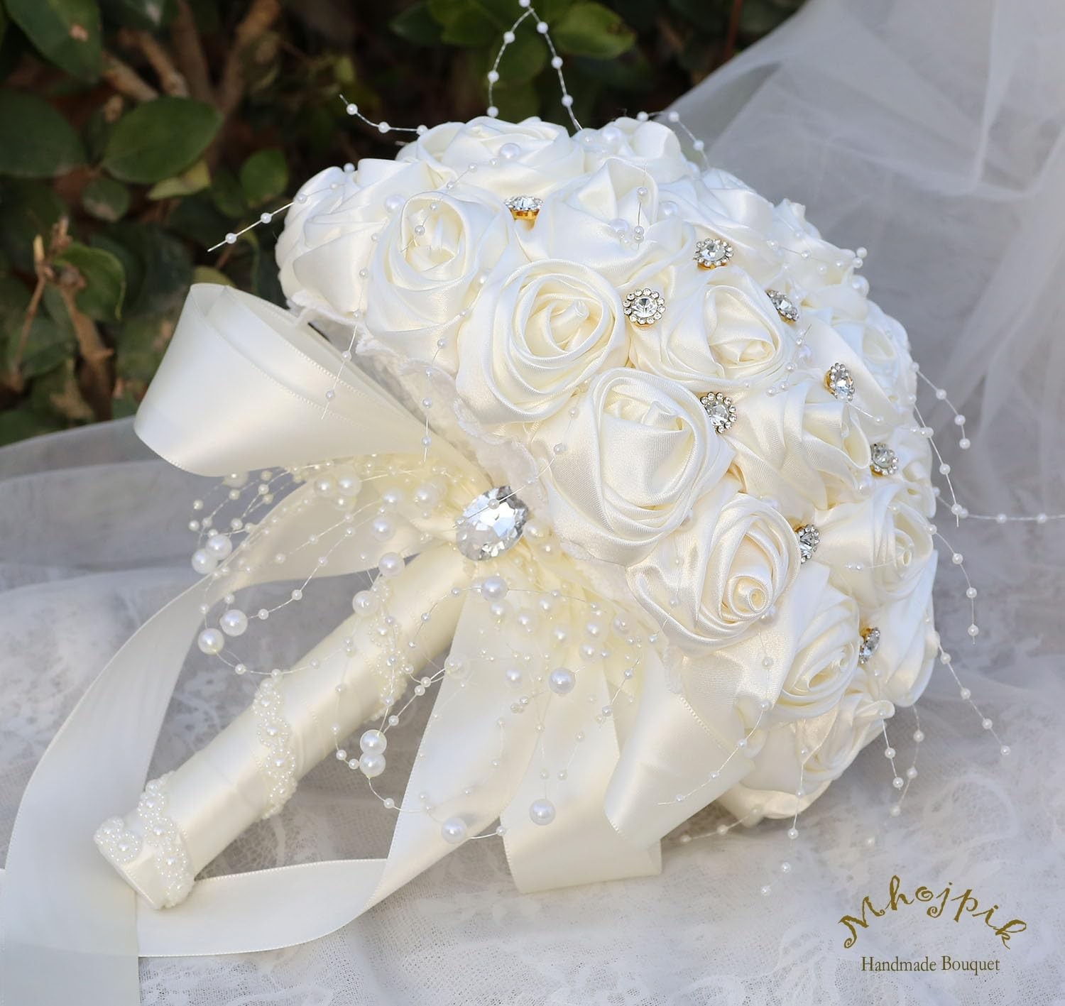 Bridal Wedding Bouquet Round Bling Brooch Artificial Rose Ivory 7.5 Inch