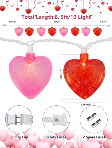 Heart String Lights, 8.5Ft Valentine’s Day Decorations Pink/Red Glitter Heart