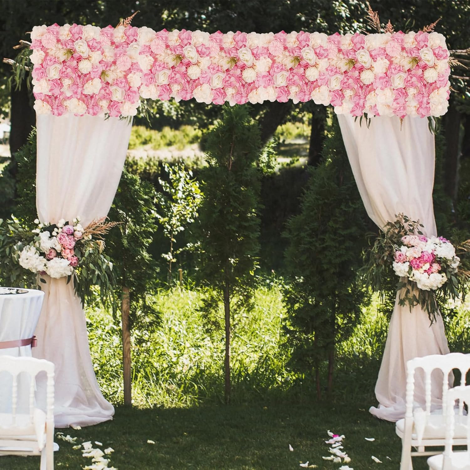 3D Flower Wall Backdrop – 12 Pink & White Silk Rose Panels for Events