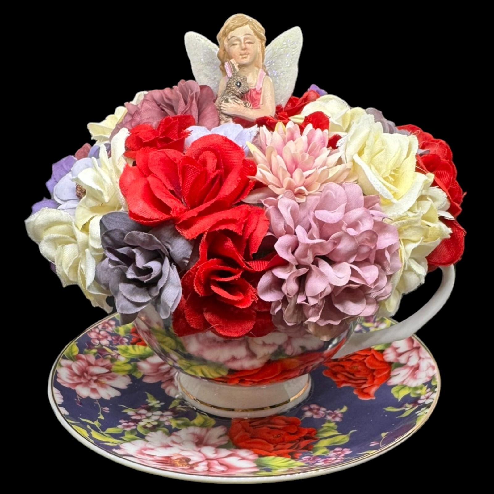 Tea Cup Flower Arrangement W/ Fairy, Shabby Chic Pink Red, Purple Flowers Roses