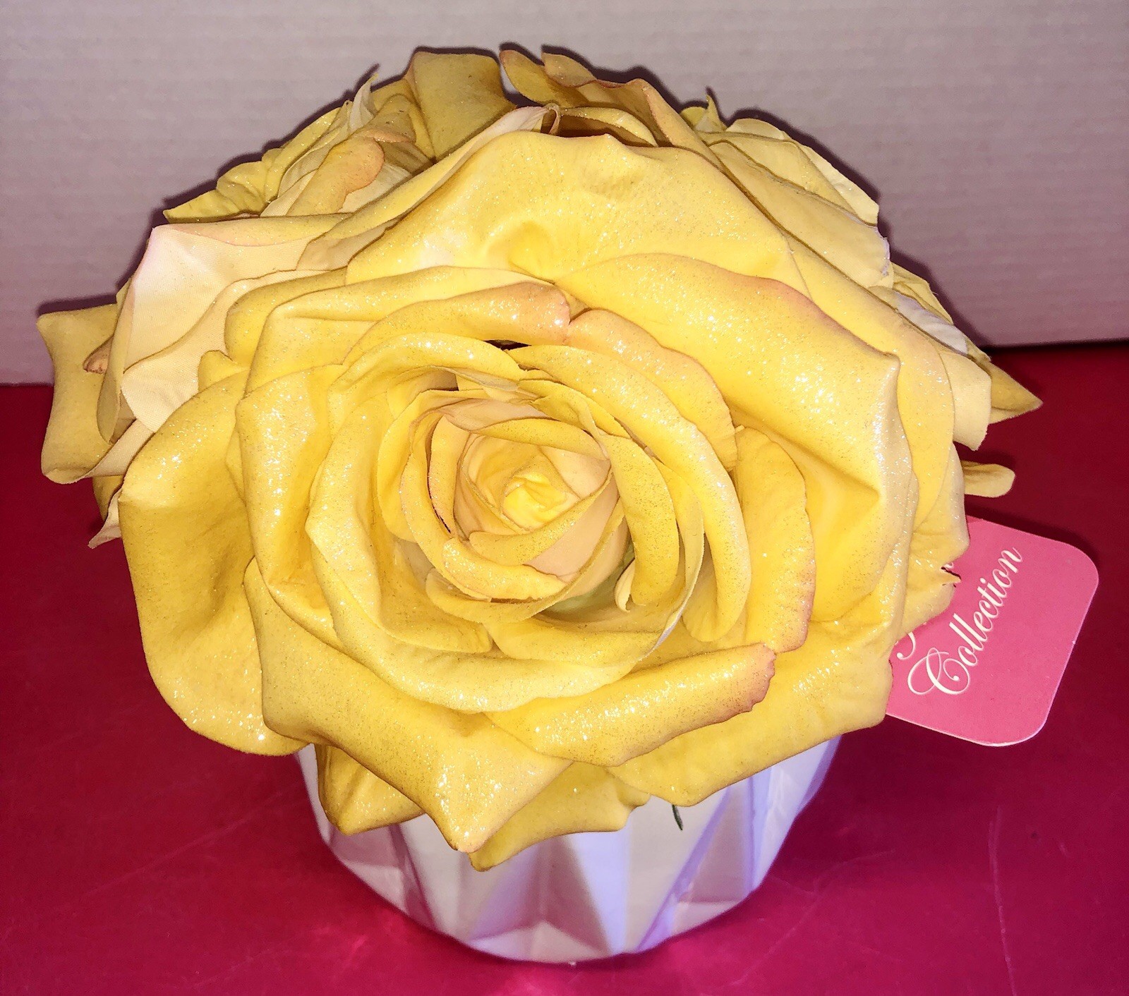 Yellow Sparkling 3 Roses Arrangement Home Goods Decor Floral Accent Flower Vase
