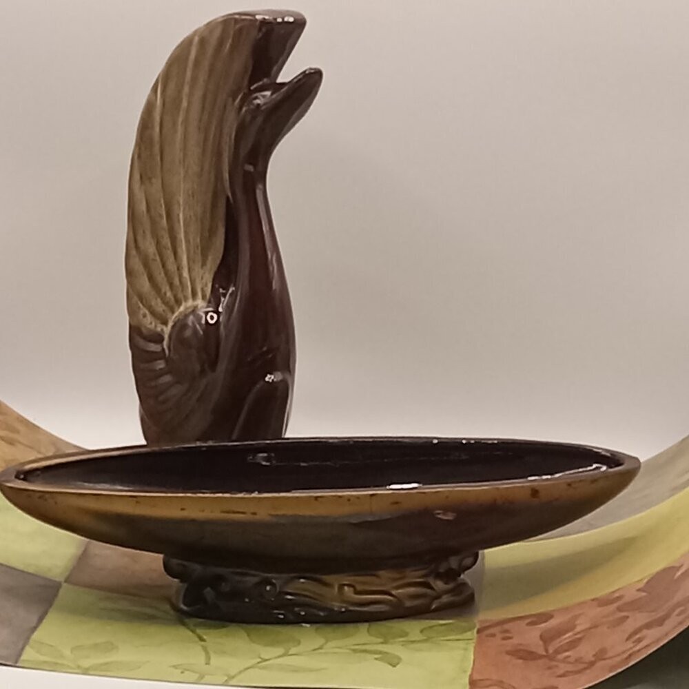 SWAN Brown Long Neck Bird and Console BOWL MCM Vintage REDWARE Japan