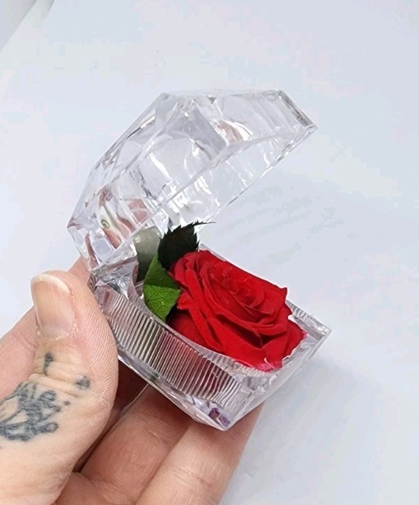 preserved Real red rose W Leaf In clear diamond shaped acrylic Ring box