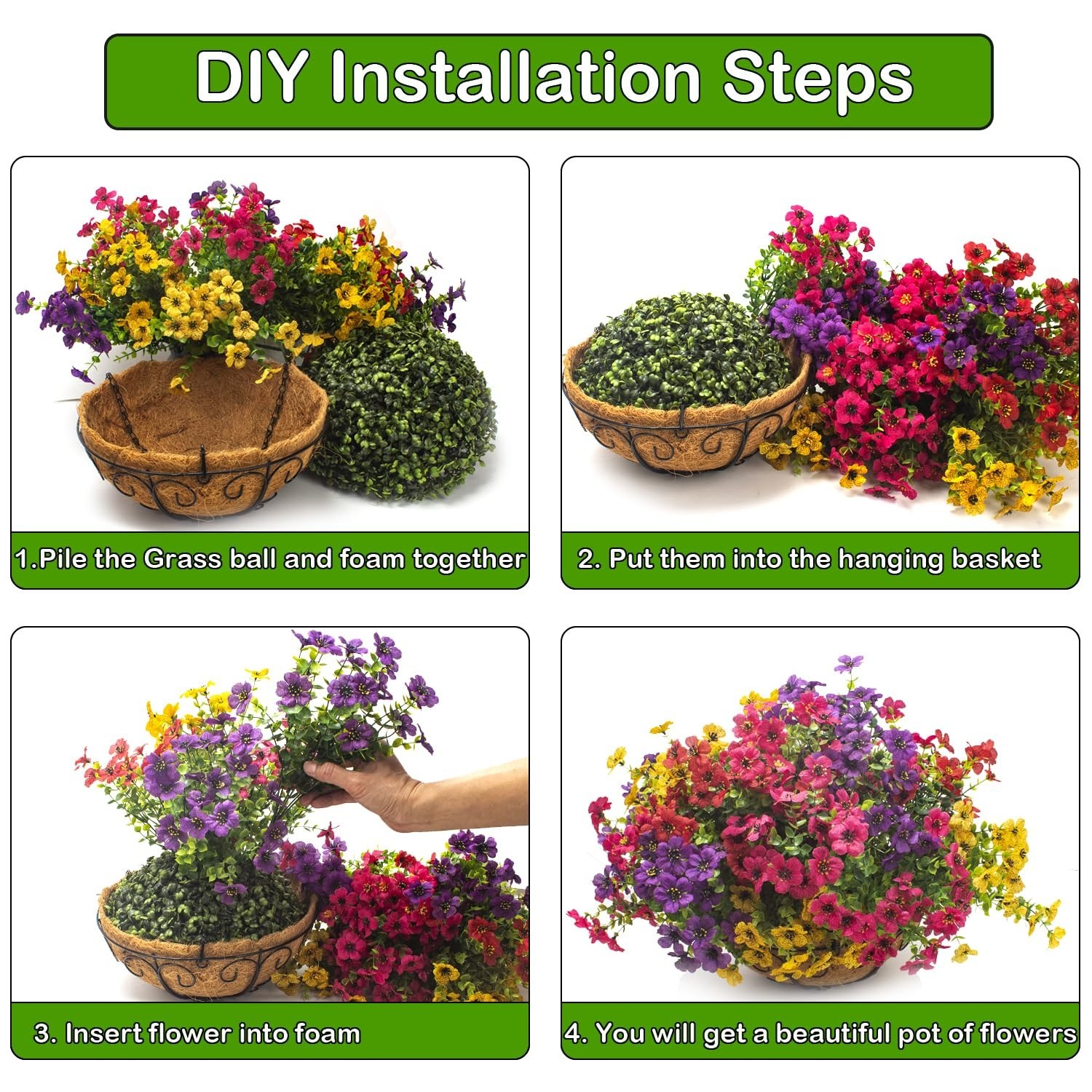 Colorful Silk Daisies & Eucalyptus Hanging Basket – UV Resistant Outdoor Decor