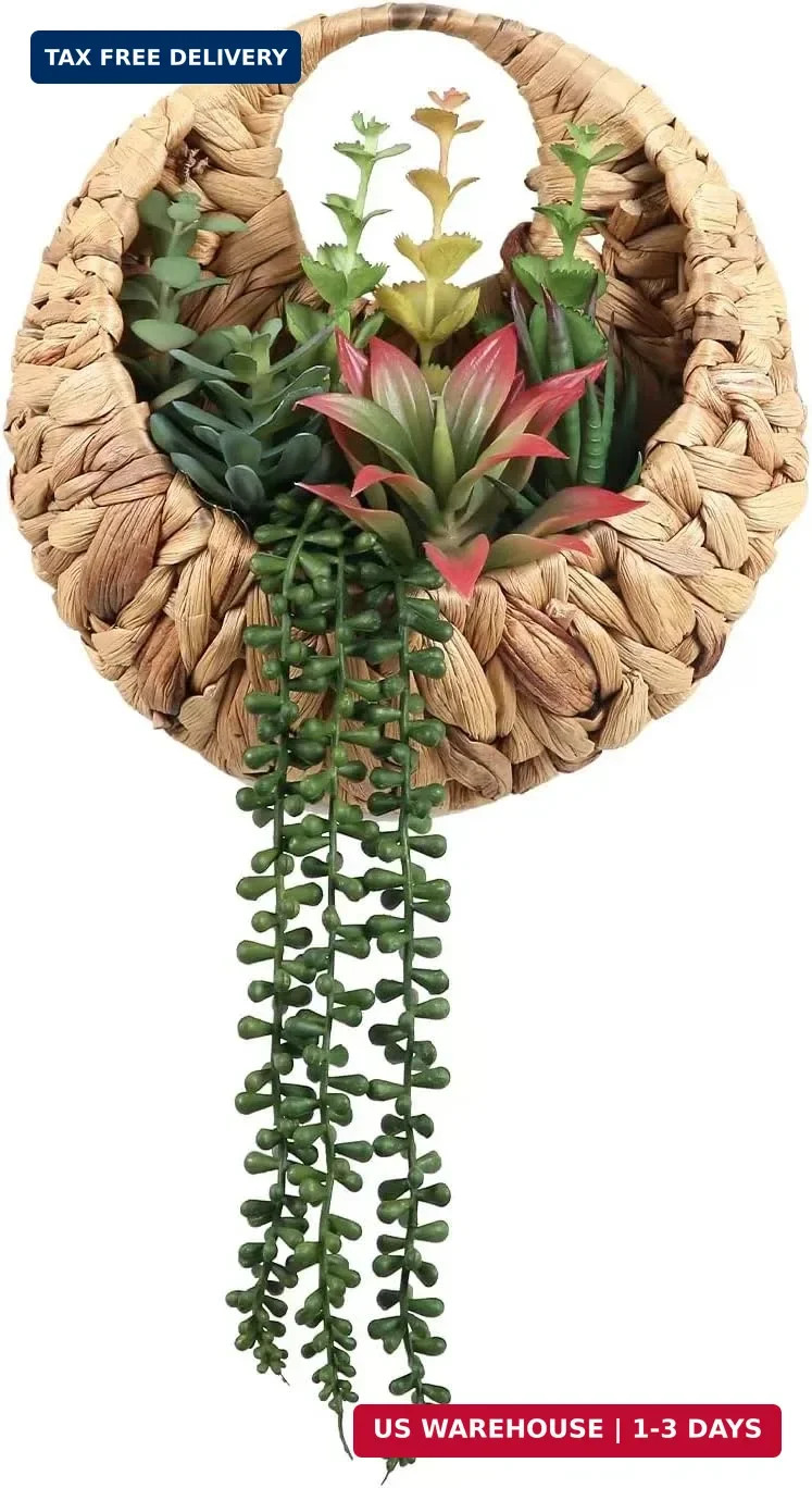 Fake Plants Hanging Artificial Succulents Plants in Woven Basket, Faux String of