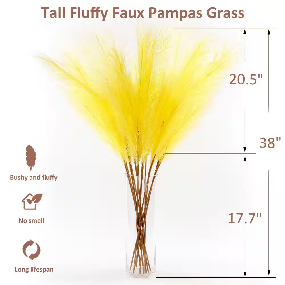 10 In. 12-Pieces Light Yellow Artificial Plant Faux Pampas Grass Tall Pompous Gr