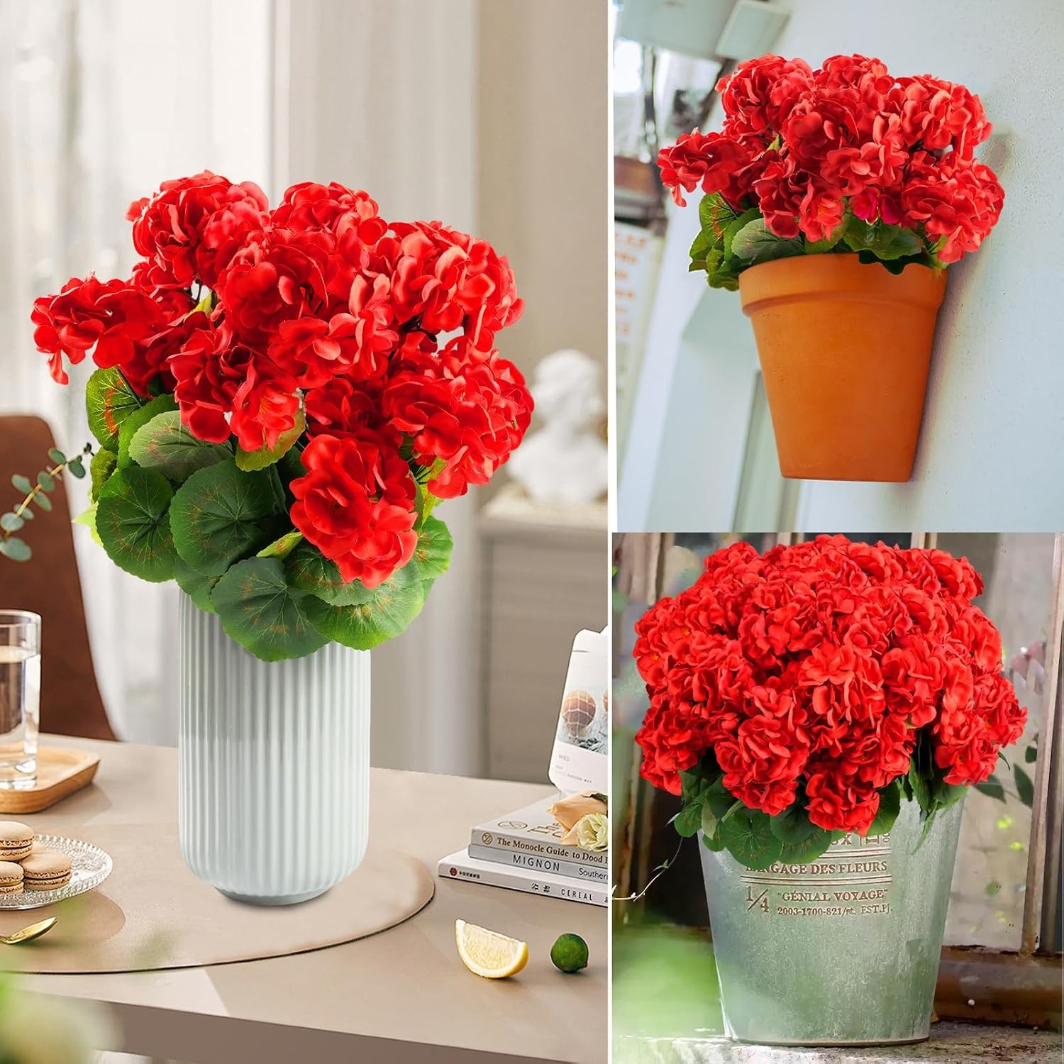 Artificial Red Geraniums Faux Outdoor Christmas Flowers 6 Bundles Artificial