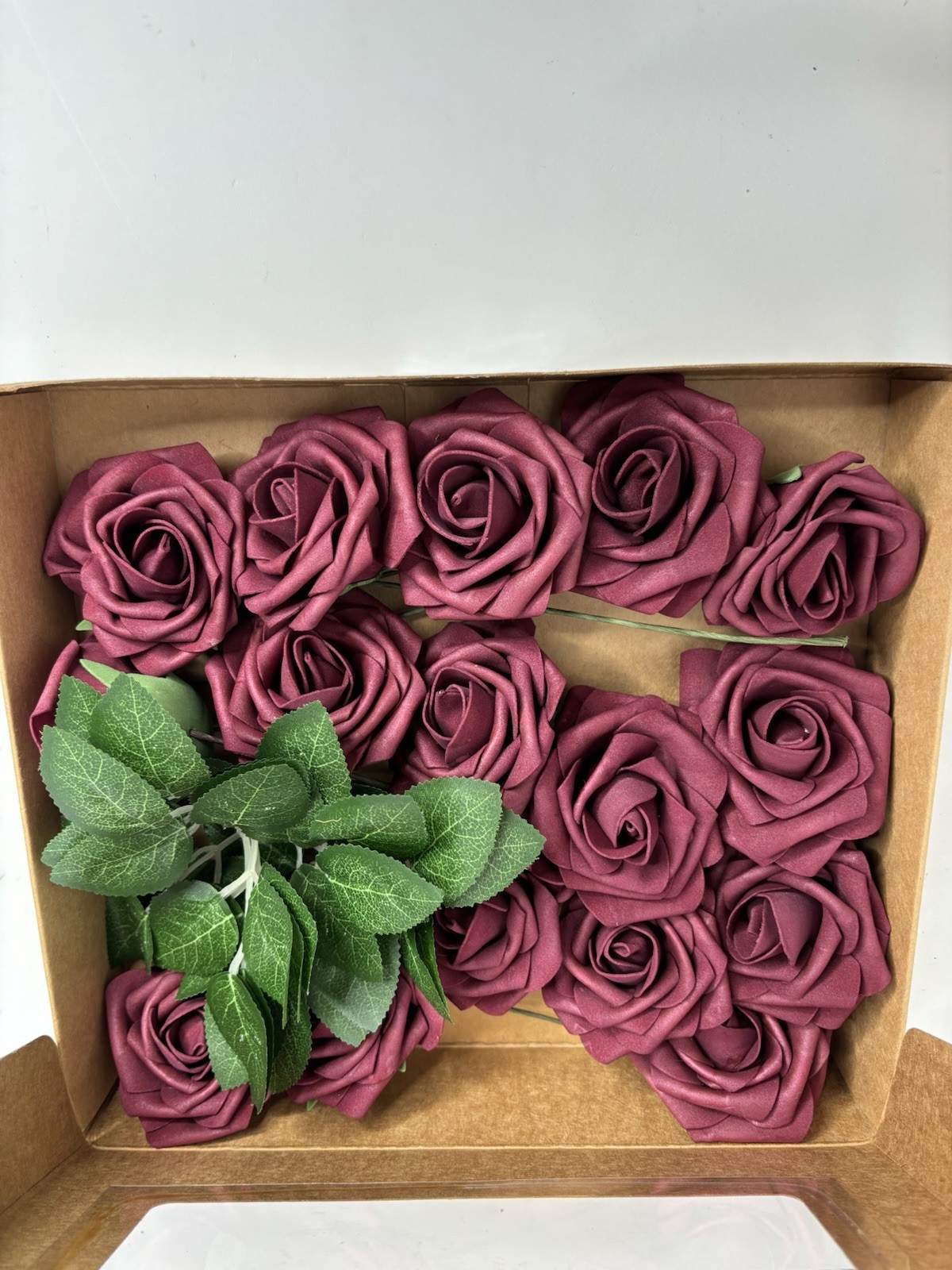 Artificial Flowers Real Look Burgundy Foam Roses 16 stems & 7 Greenery