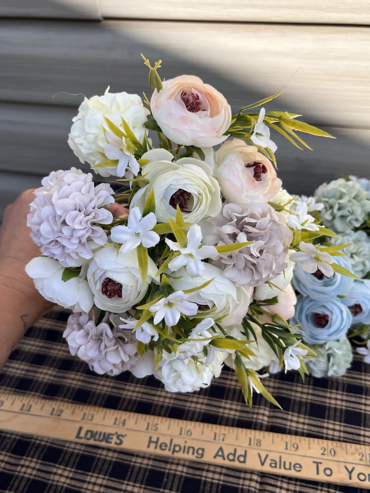 Lot of 2 Faux Floral Bouquet Bundles Blue Pink Peony Ranunculus Cottagecore