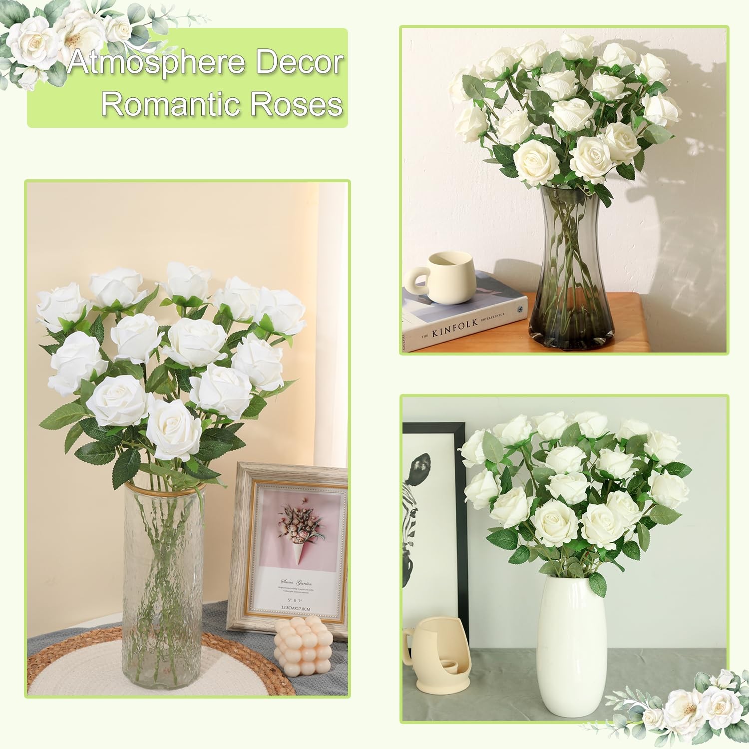 12 PCS White Roses Artificial Flowers Fake Faux Velvet Silk Wedding Decor