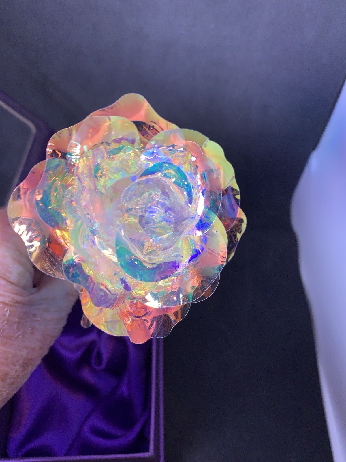 24K Gold Stem Rose Iridescent Petals 9″ Purple Satin Boxed